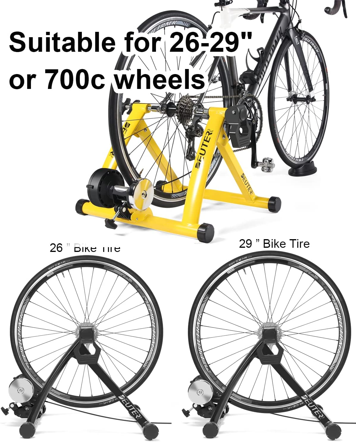 Bike Trainer, Magnetic Bicycle Stationary Stand for Indoor Exercise Riding, 26-29" & 700C Wheels, Quick Release Skewer & Front Wheel Riser Block Included image number 3