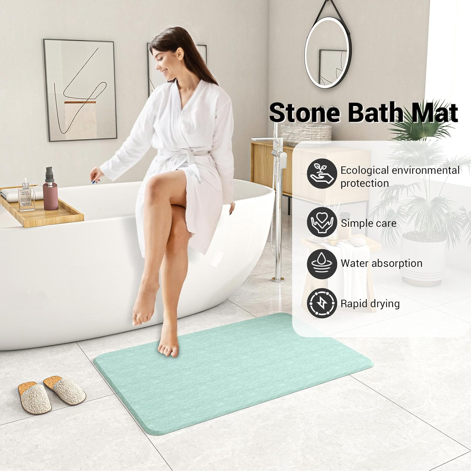 DAWNTREES Stone Bath Mat, Diatomaceous Earth Shower Mat, Non-Slip Super Absorbent Quick Drying Bathroom Floor Mat, Natural, Easy to Clean image number 3