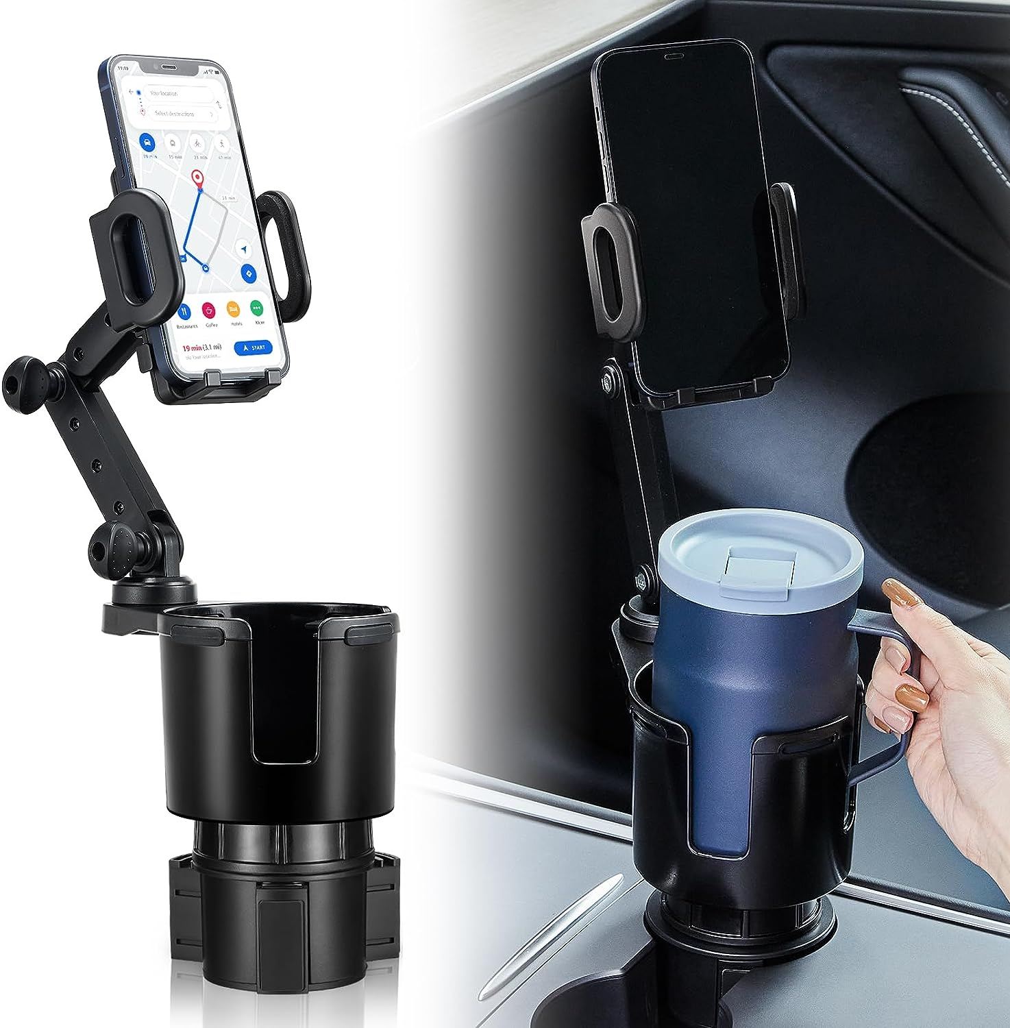 THIS HILL Car Cup Holder Expander Adjustable Base with Phone Mount 360&deg; Rotation Cup Holder Cell Phone Holder for Car Compatible with Iphone/Samsung All Smartphones image number 2