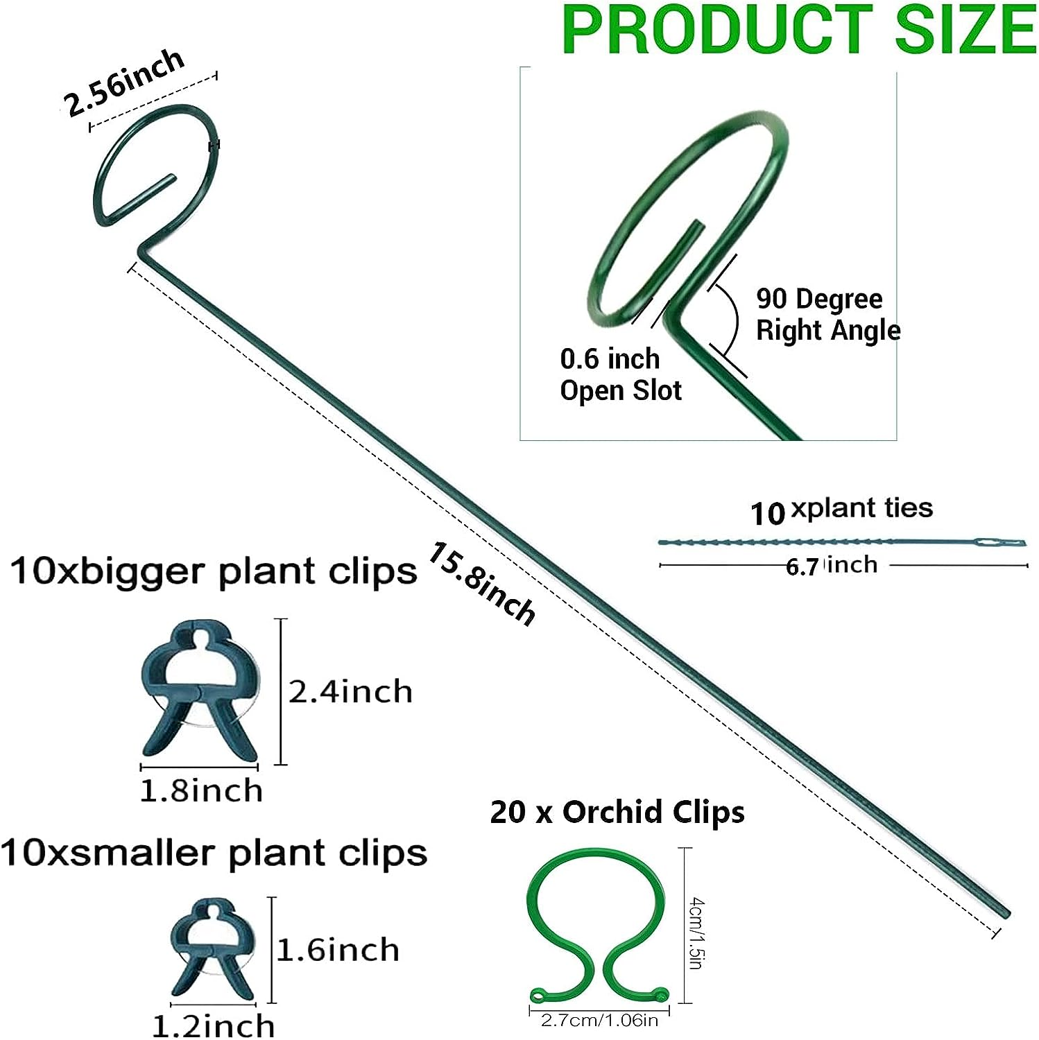 10Pack Plant Support Stakes,15.8In Metal Plant Stakes with 40Pcs Plant Clips and 10Pcs Plant Ties,Single Stem Support Stake Plant Cage Support Ring for Garden Flowers Amaryllis Orchid Tomatoes Peony