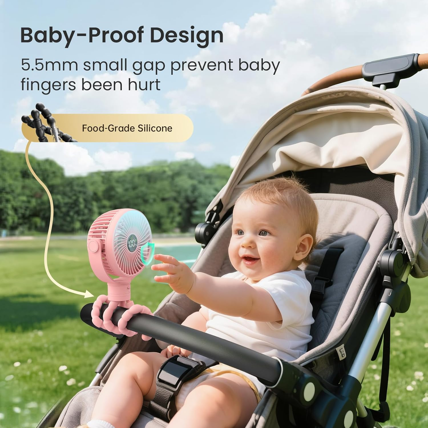 Tripole Portable Pram Fan 4000Mah Rechargeable Stroller Baby Fan 25H Battery Life, Head Detachable Mini Clip on Fans, 4 Speed Personal Desk Fans with Night Light for Car Seat Crib, Black (Pink)