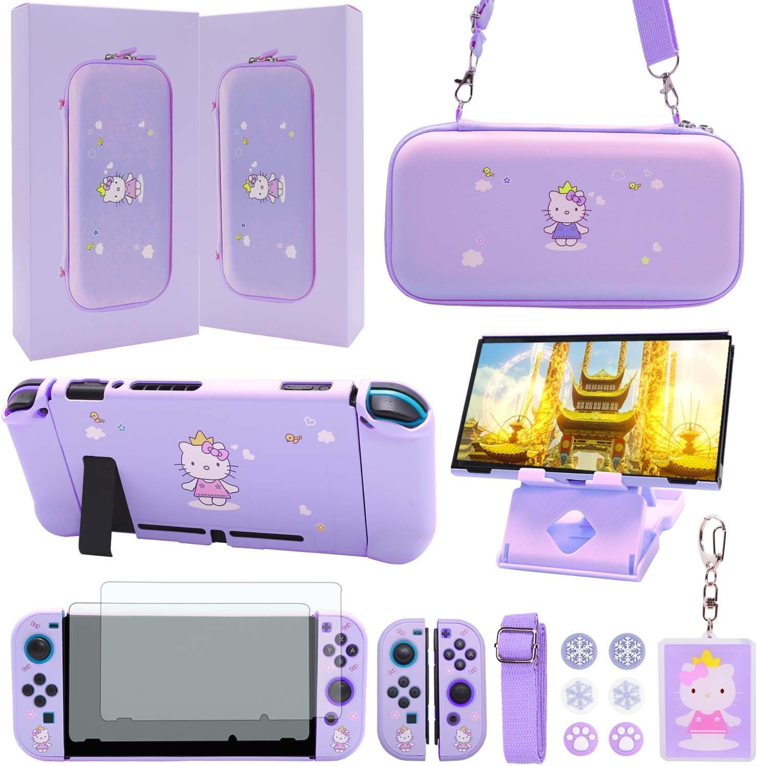 GUTIAL Accessories Bundle for Nintendo Switch Lite - Cute Kawaii NS Lite Accessories Kit for Grils Boys Kids with Carrying Case, Cartoon Cover Case, Screen Protector, Stand - Purple