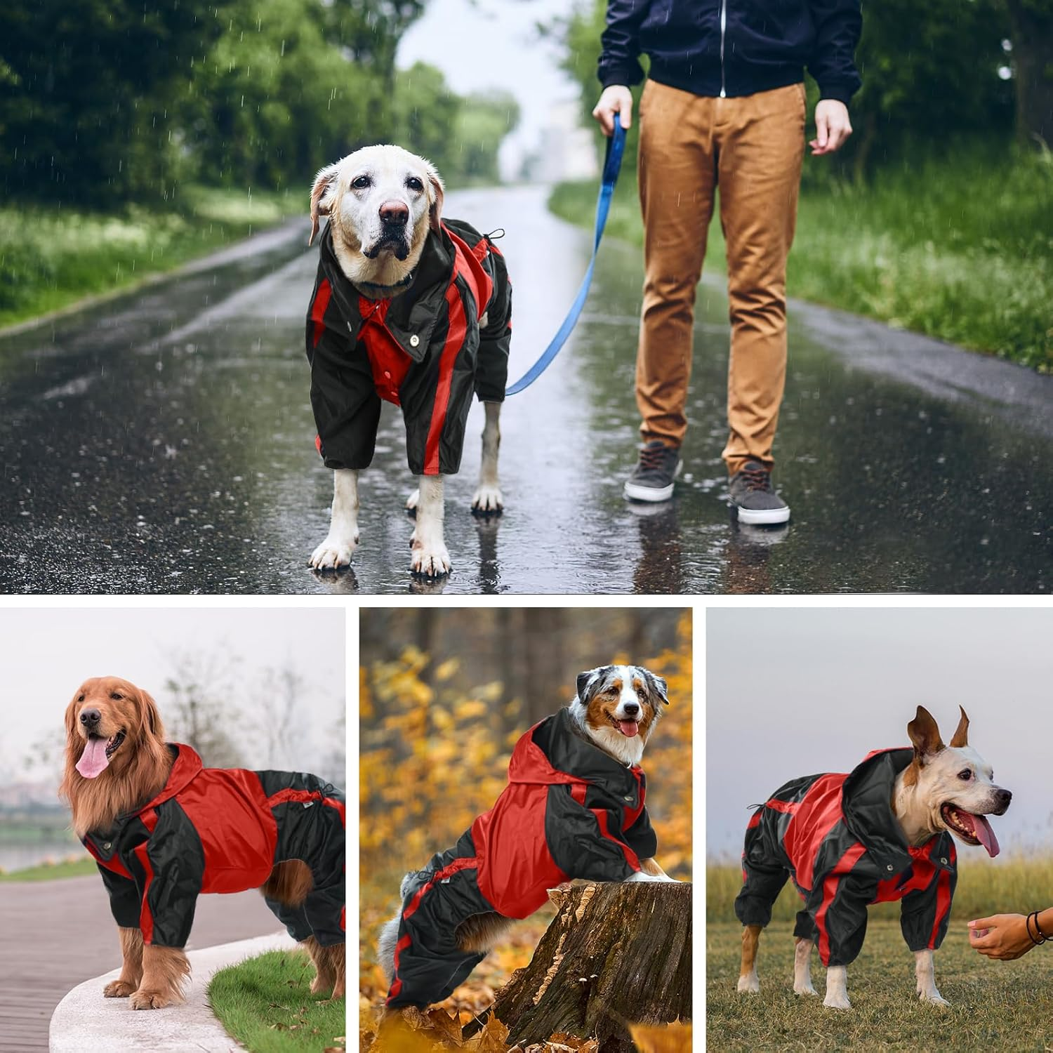 OUOBOB Dog Raincoat, Waterproof Dog Rain Coats for Large Dogs, Lightweight Rain Jacket, Adjustable 4 Legs Pet Poncho with Hood, Snow-Proof Dog Vest Rainwear, Rain Clothes Apparel with Leash Hole image number 5
