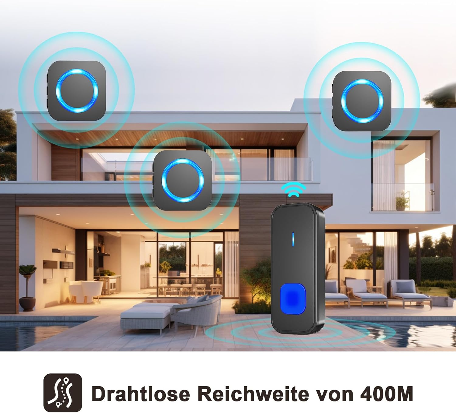 SURFOU Wireless Doorbell, Outdoor Wireless Waterproof Doorbell, 400 M Wireless Range, Front Door Bell with 3 Plug-In Receivers, 55 Ringtones, 5 Volumes, Front Doorbell, Black image number 4