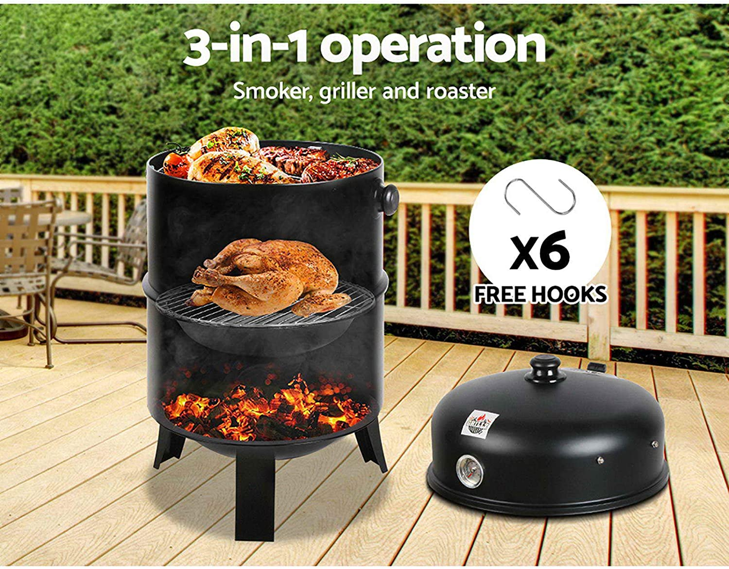Grillz 3-In-1 Charcoal BBQ Smoker - Black image number 3