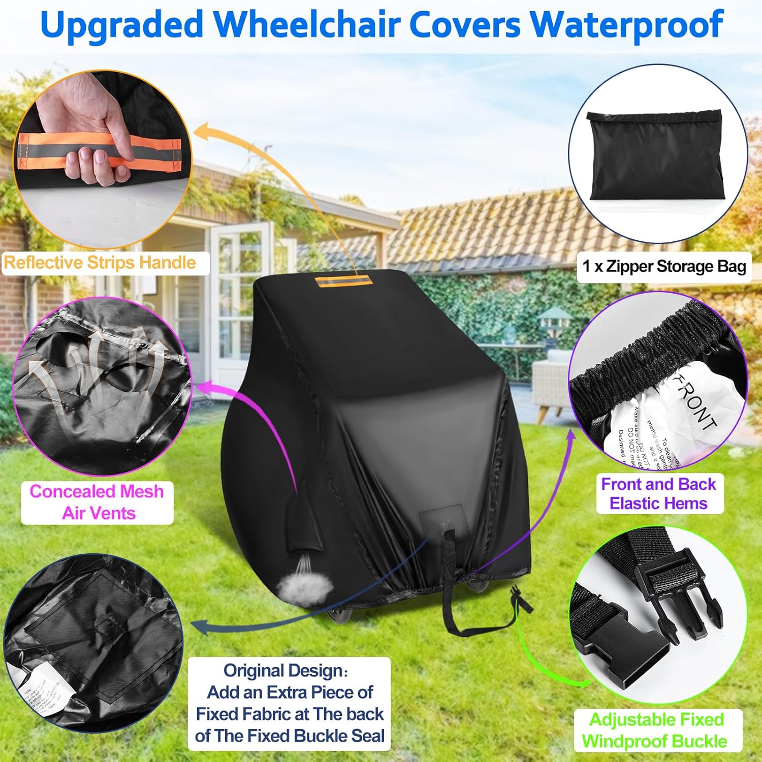 Electric Wheelchairs Cover Waterproof,420D Heavy Duty Wheelchair Cover with Air Vent,Waterproof Strip,Reflective Handle,Outdoor Protective Cover for Travel & Shower Power Wheelchair,Mobility Scooter image number 4