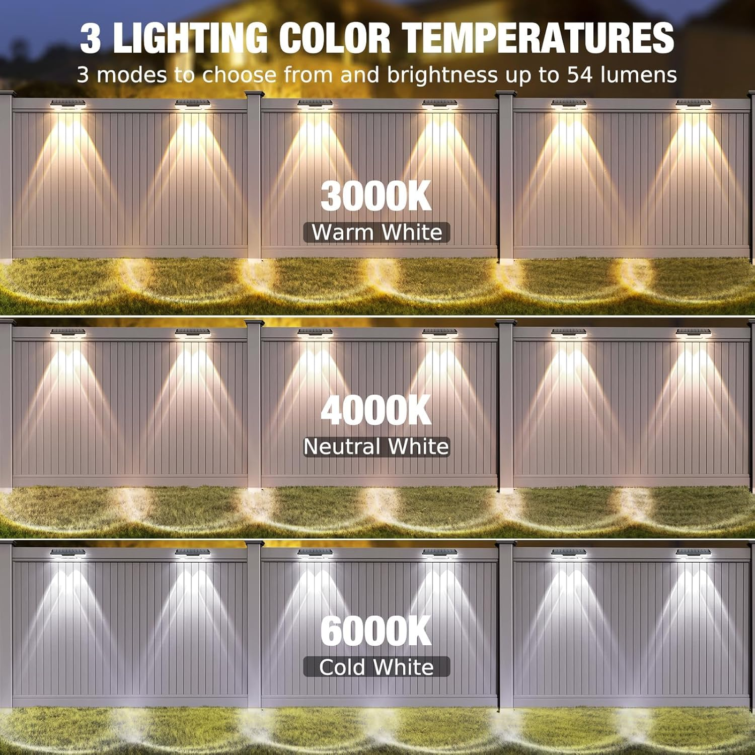Rhoyee Solar Fence Lights Outdoor &ndash; 8 Pack LED Deck Lights with 3 Color Temperature Modes (3000K/4000K/6000K), IP65 Waterproof Solar Wall Lights for Backyard, Fence, Steps, Railing, Patio & Garden image number 1