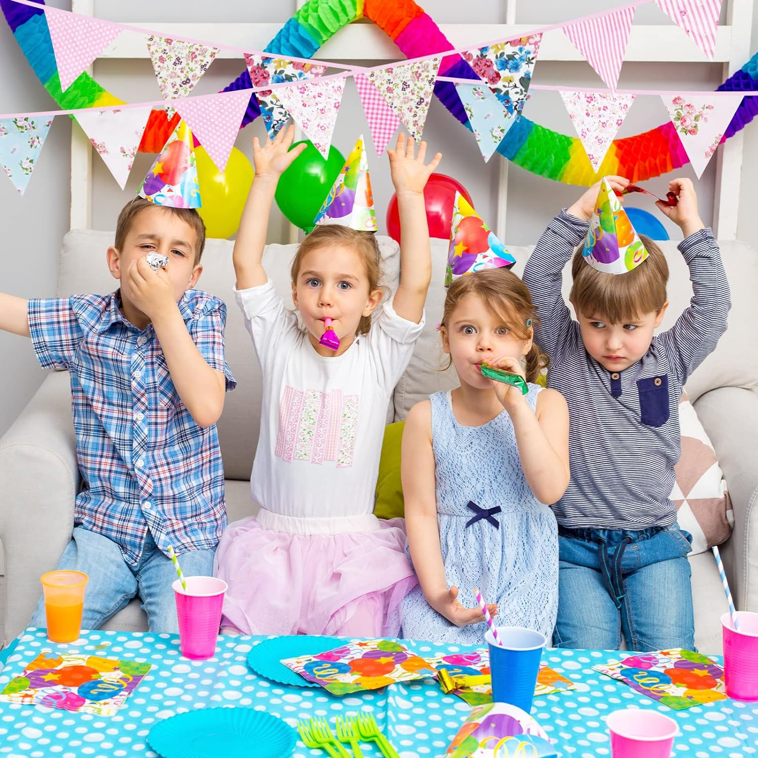 33Ft Floral Triangle Flags, Vintage Bright Triangle Pennants, Bunting Garland Fabric Banner for Birthday Wedding Garden Baby Shower Wonderland Tea Party Bedroom Decor Outdoor Home (Pink Floral) image number 4