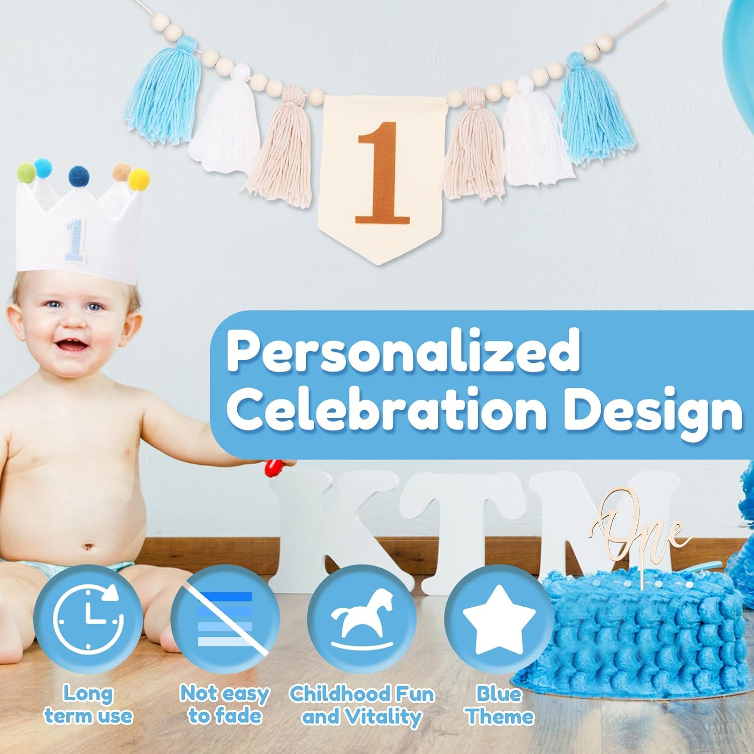 DJAPWPX 3 Pcs Baby First Birthday Party Decorations, Includes High Chair Banner Crown Hat and Cake Topper, Unique 1St Birthday Decorations for Baby Girls and Boys (Blue) - Blue+Pink image number 3