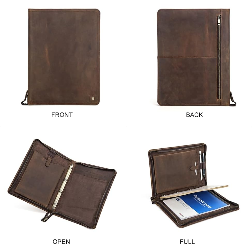 Contacts Full Grain Leather Portfolio 4 Ring Binder Professional A4 Notebook Folder Zipper Binder Organizer with 11" Ipad Pocket, 40 Sheets of A4 Paper image number 5