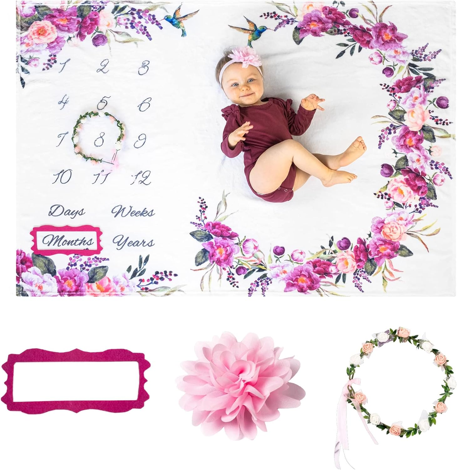 Baby Monthly Milestone Blanket Girl - Floral Plush Fleece Baby Photography Backdrop Memory image number 1