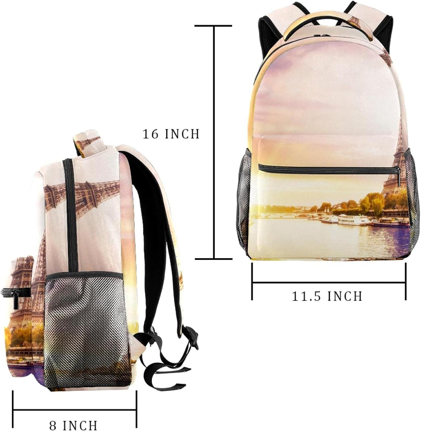 Eiffel Tower with Boats on Seine River in Paris Romantic Sunset Background Backpack Students Shoulder Bags Travel Bag College School Tote Backpacks image number 1