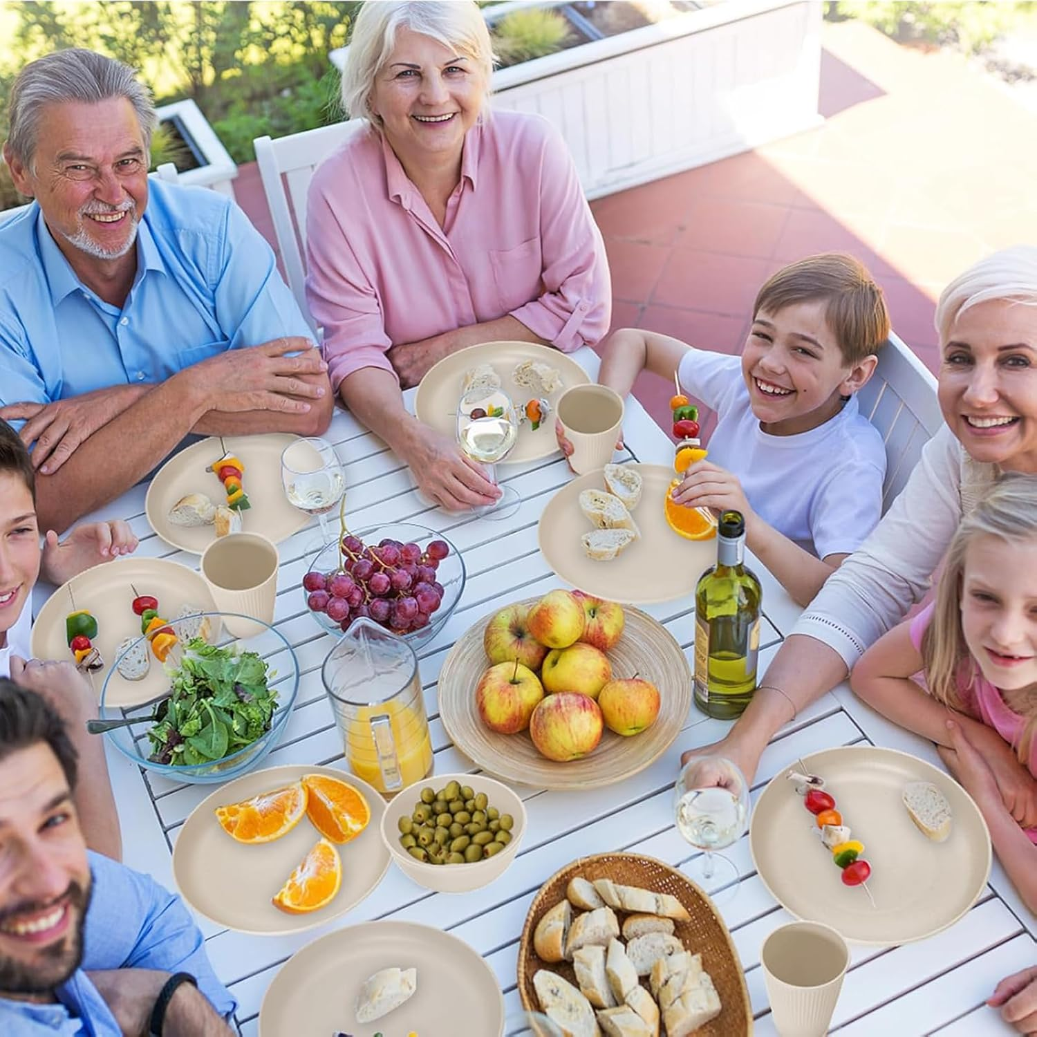 18Pcs Wheat Straw Dinnerware Sets, KELIOO Kids Plastic Plates and Bowls Cups Set, Unbreakable Reusable Dinnerware Microwave Safe Dishes Set for Kitchen, Dorm, Camping, RV, Picnic (Beige) image number 2