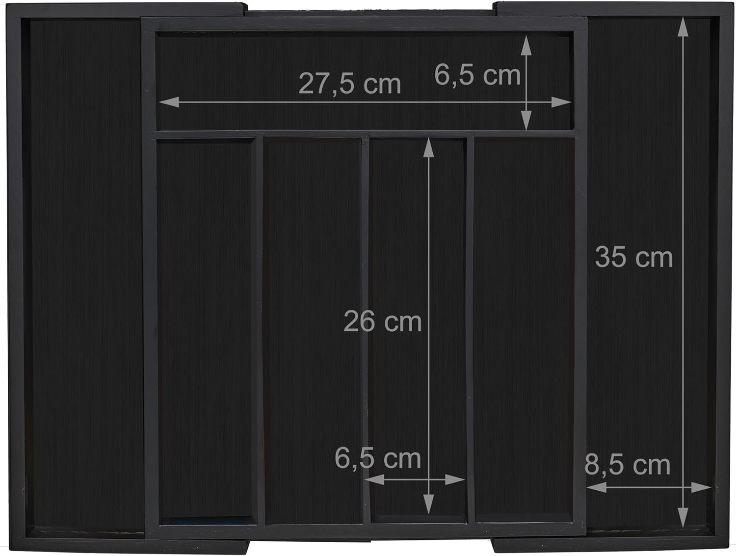 Relaxdays Bamboo Cutlery Tray, Extendable, 7 Compartments, for Utensils, 5.5 X 31.5-48.5 X 37 Cm, Drawer Insert, Black image number 2