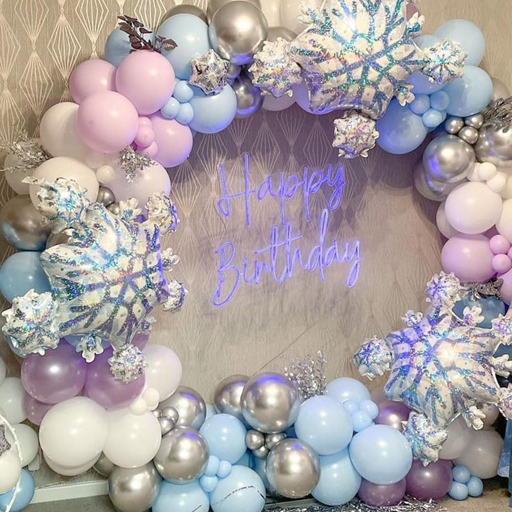 Blue Purple Snowflake Frozen Balloon Garland Arch Kit,148Pcs Ice Snow Blue Purple Silver White Snowflake Foil Balloons for Winter Wonderland Baby Shower Snow Princess Girls Birthday Party Decor (Blue) image number 4
