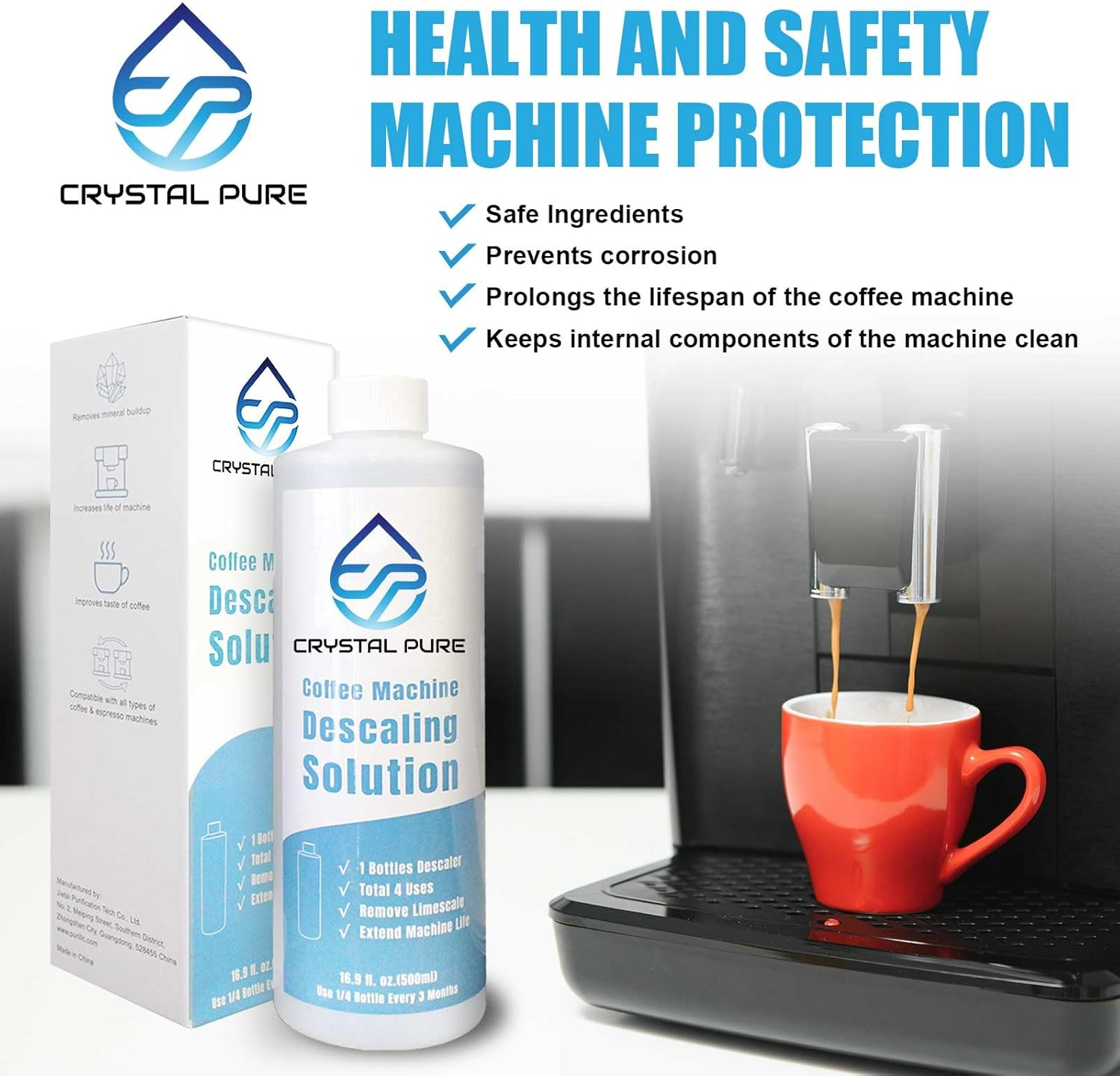 Crystal Pure 500Ml Liquid Descaler Cleaner Descale Descaling Solution for Breville Gaggia Saeco Delonghi Jura Sunbeam Espresso Coffee Machine image number 3