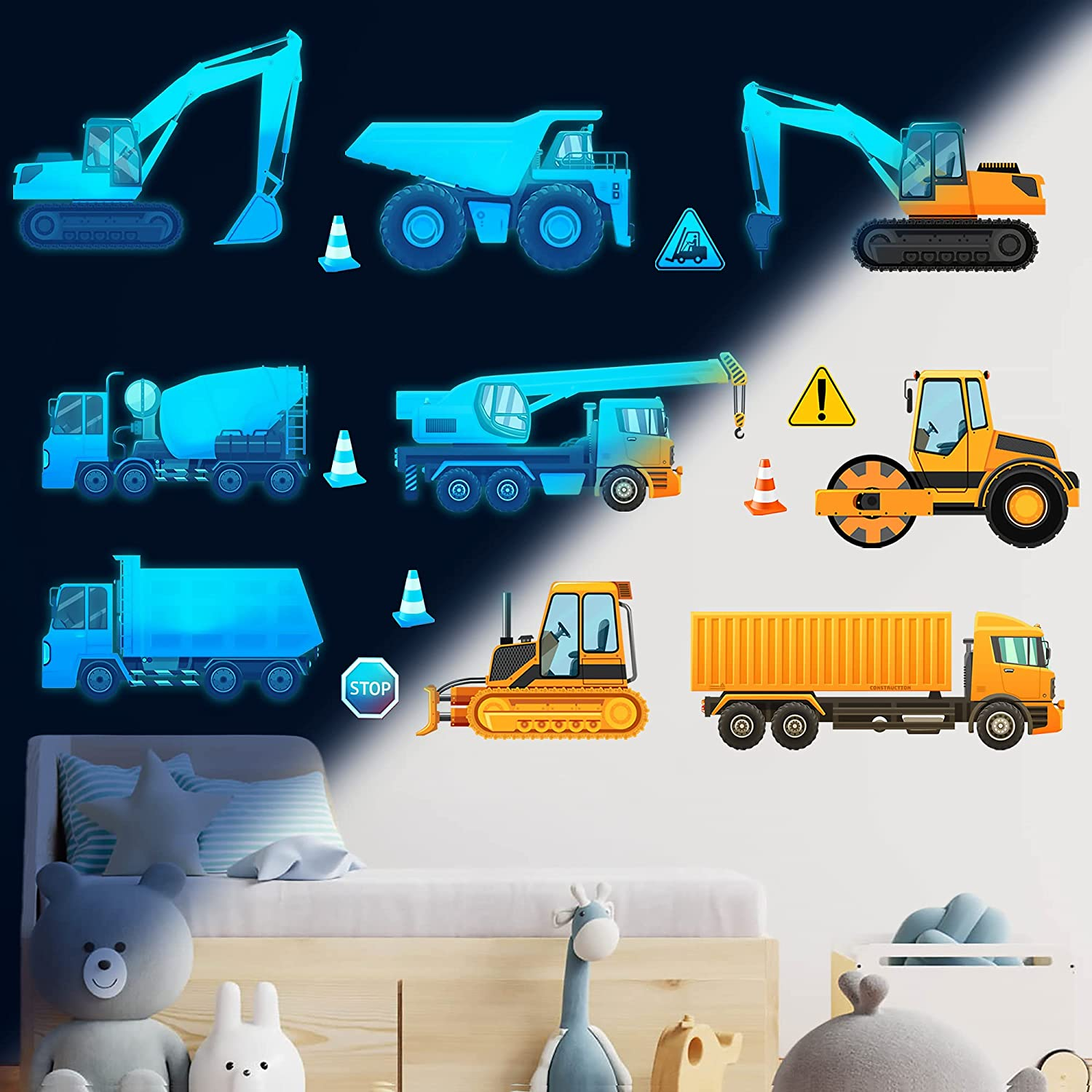 Construction Wall Decals Glow in the Dark Wall Stickers City Vehicles Car Wall Decal Luminous Truck Excavator Tractor Decals Transportation Sticker Boys Kids Bedroom Playroom Nursery Ceiling Decor image number 3