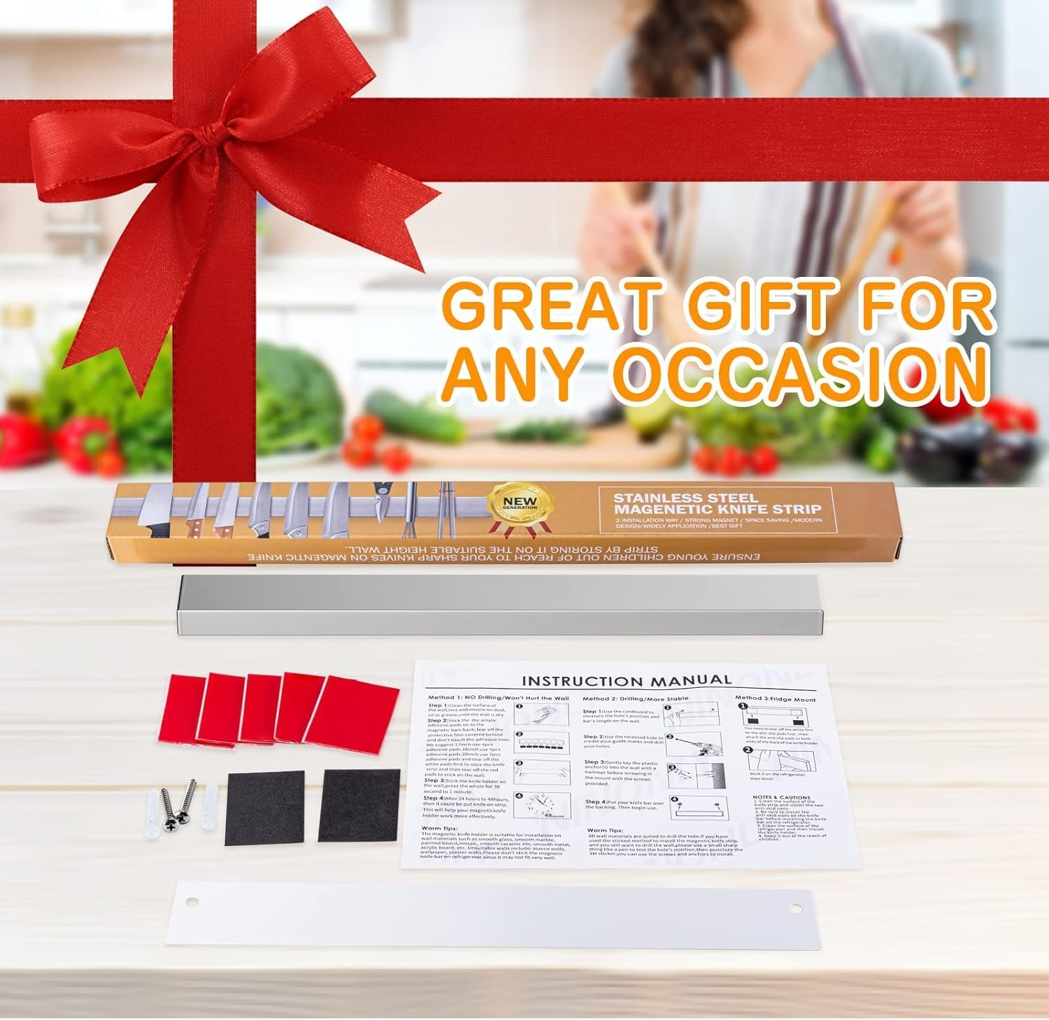 Ninonly 30 CM Magnetic Knife Holder for Refrigerator, Stainless Steel Double Sided Magnet Knife Strip for Wall, No Drilling Magnetic Knife Rack with Powerful Magnetic Pull Force Fridge Applicable