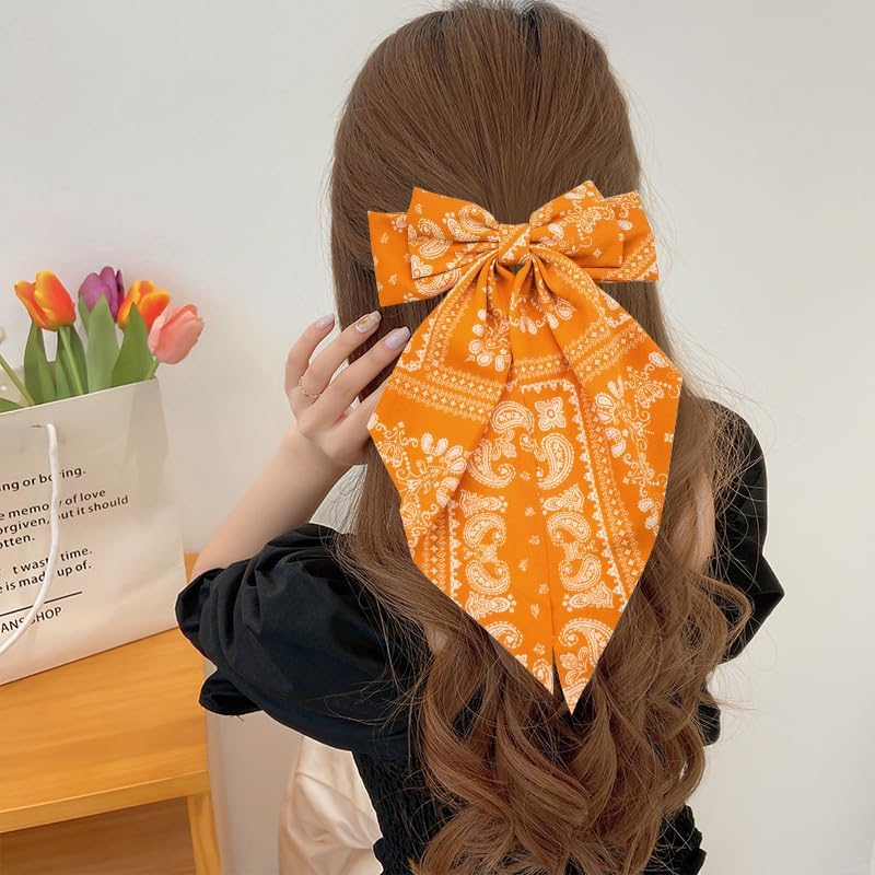Bandana Hair Bow Large Bow Silky Satin Hair French Barrette Clip for Women Ribbon Hair Bows Paisley Hair Clips Hair Bow Accessories for Women Long Ribbon Bow Hair Clips French Barrette Hair Bows