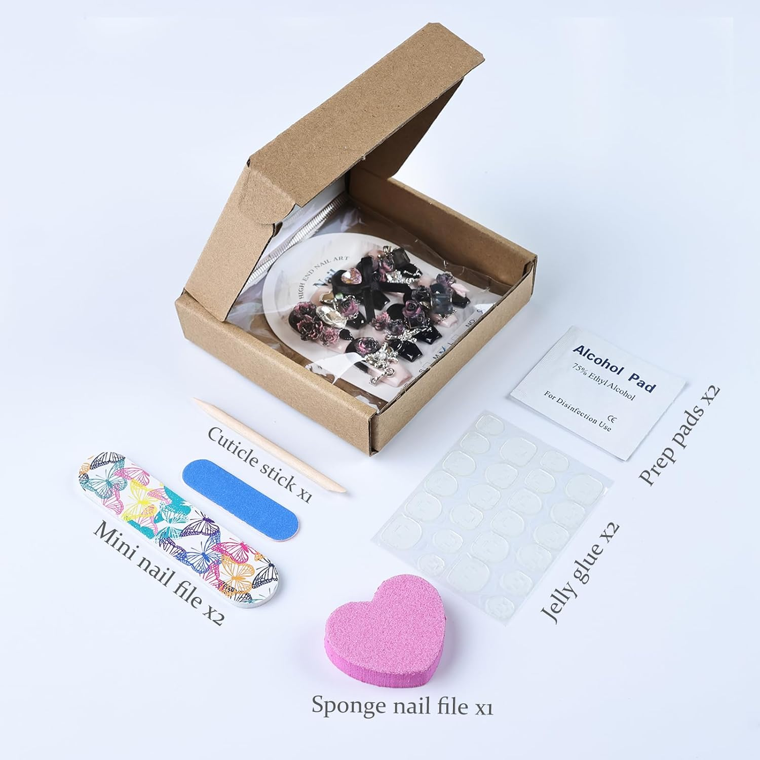 Press on Nails Handmade Long Coffin Fake Nail with Charms False Fingernail Rose Bow Pearl Acrylic Artificial Finger Luxury Glue on Manicure for Women Blue 10 Pcs (M) image number 3