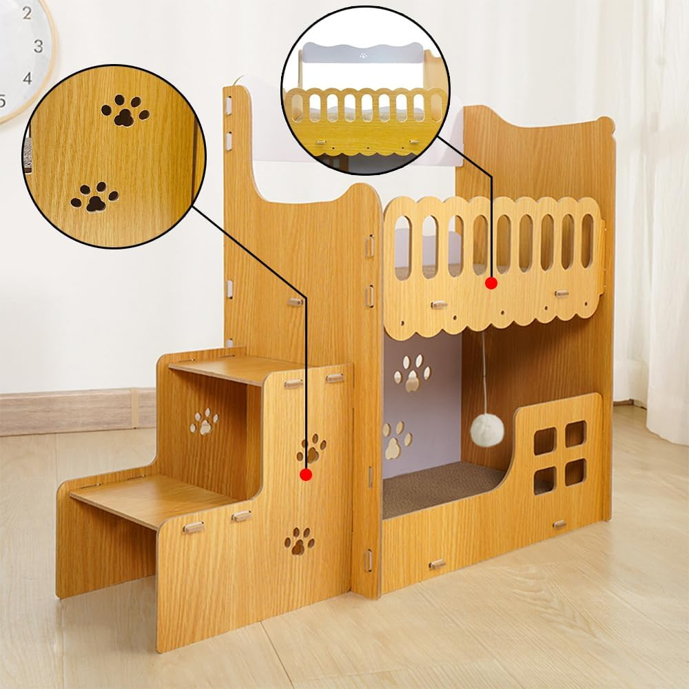 TOMVAES Cardboard Cat Scratcher House,Indoor Cat Beds Furniture, Lounge for Kittens within 33Lbs,2-Story Stable Wood with Replaceable Scratching Pad Board,Sturdy Cat Condos with Stairs image number 2