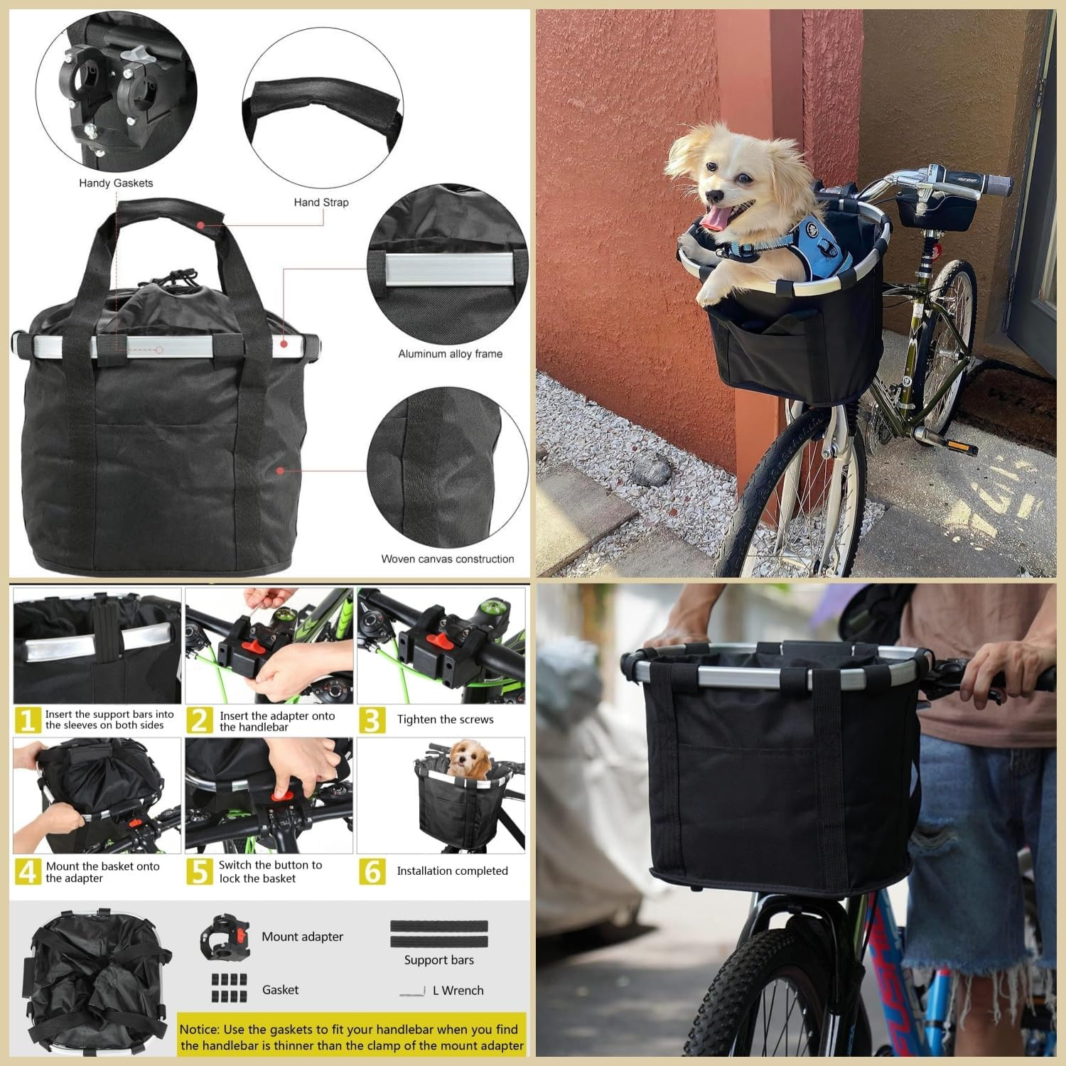 Taicols Foldable Cycling Bicycle Quick Release Front Bike Basket,Waterproof, Dog Handlebar Small Pet Cat and Back Folding Detachable Easy Install Suitable for Groceries Picnic Shopping (Black) image number 5