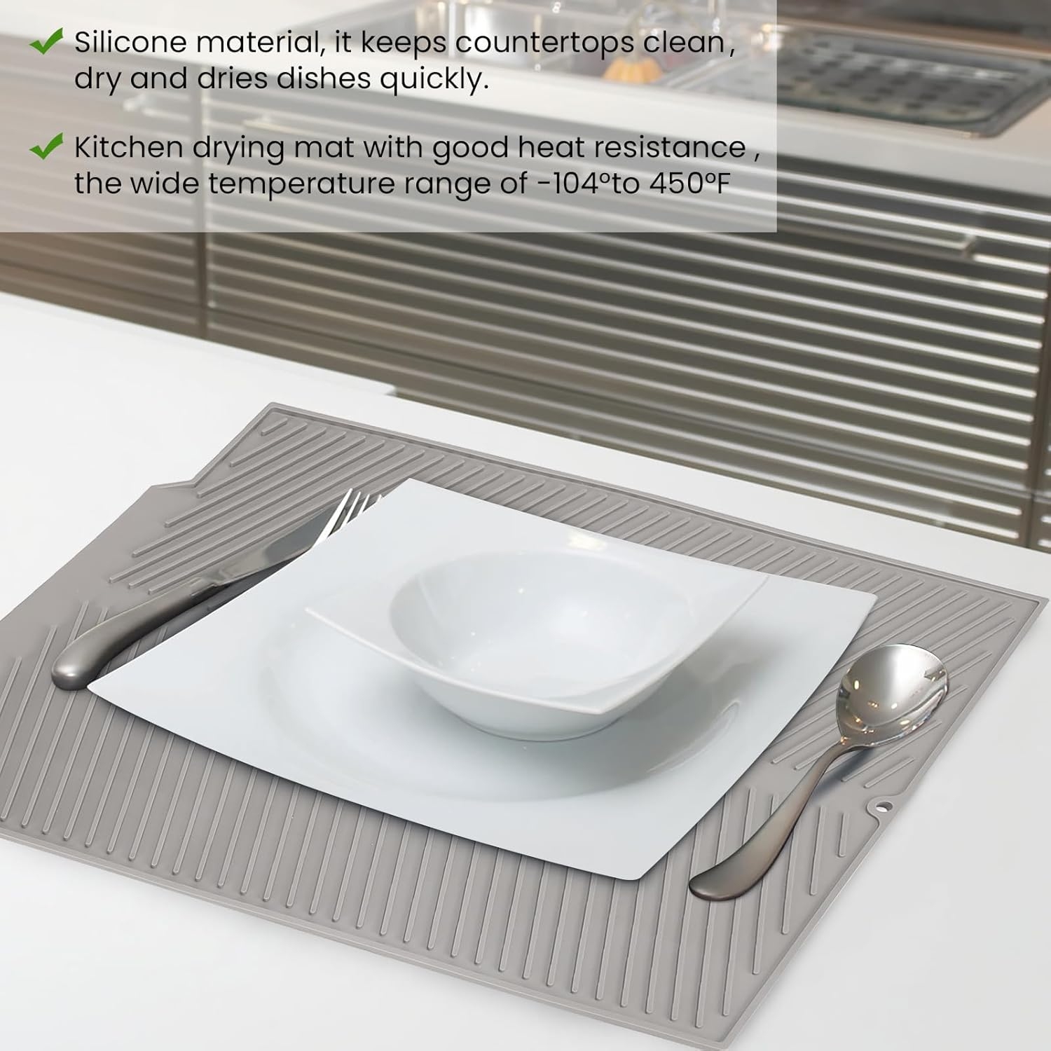 SHARME Silicone Dish Drying Mat with Drain Lip, Dish Drying Pad, Non-Slip Easy Clean Dish Drainer Mat Kitchen Pad, Silicone Mat for Kitchen Counter or Sink,Refrigerator or Draw-16" X 12.5" Grey image number 5