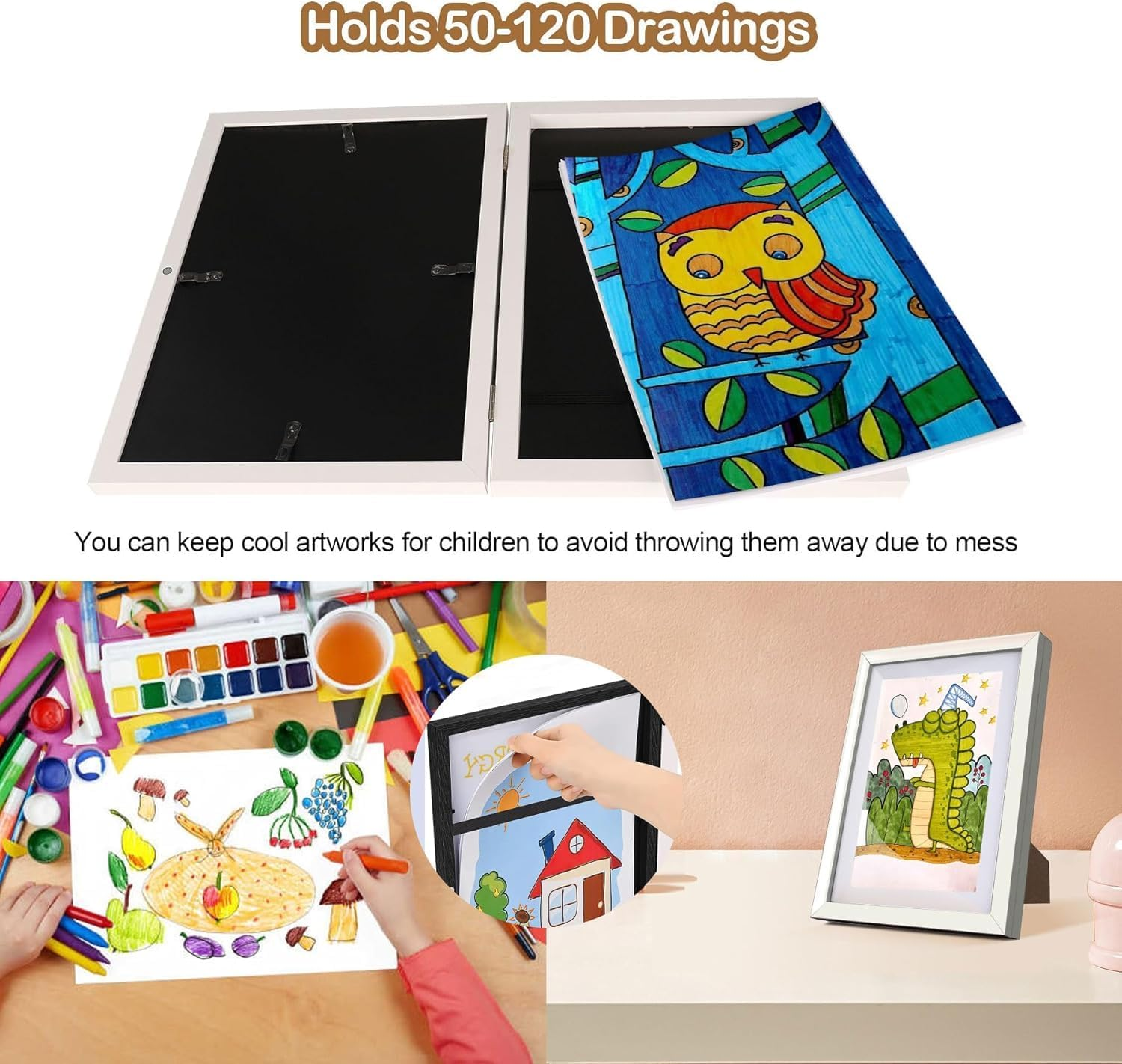A4 Kids Art Frames 3 Pack Kids Artwork Flip Frame Changeable for Picture Display, Children School Drawing Projects Storage, Horizontally Vertically Wall Hanging, Storage A4 120 Pictures (3Colors) image number 2