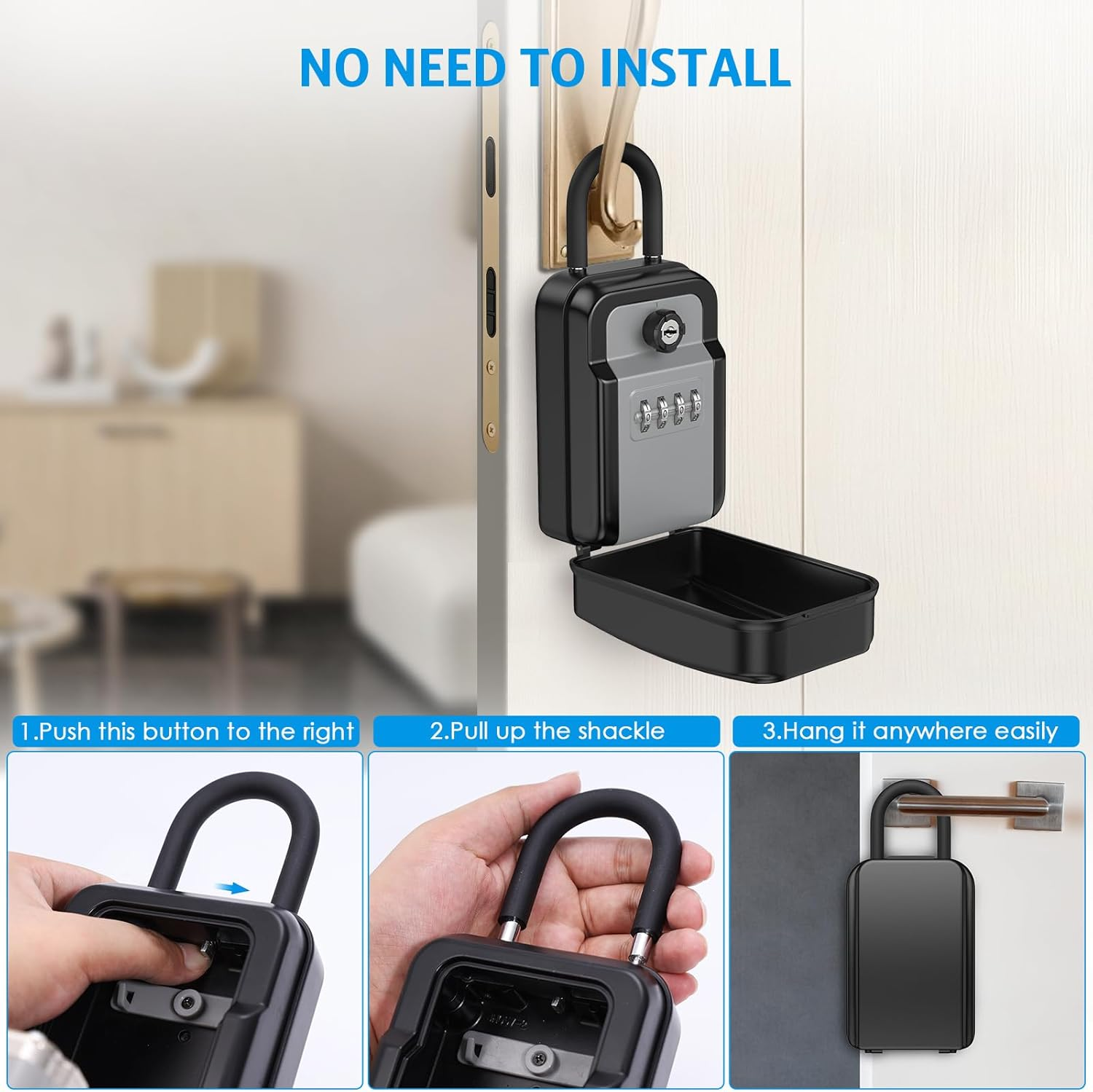 New AMIR Key Safe Box with 4 Digit Combination and Emergency Key,Portable Combination Lockbox Wall-Mounted Key Storage Box with Removable Shackle,Resettable Code,Waterproof,For Home,Office,Outdoor image number 5