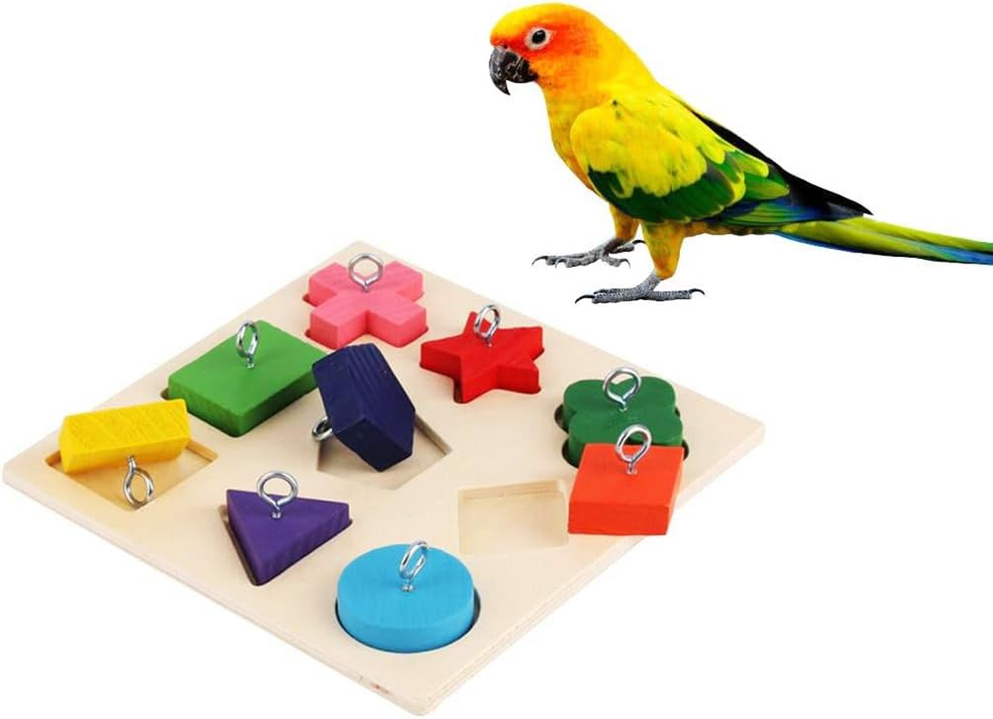 Xiaaofea Parrot Training Toy with 9 Clocks Wooden Colour Blocks, 5.8In Educational Chew Toy for Intelligence & Play, DIY Metal Accessories for Parrots, Bird Cage Activity Toy image number 5