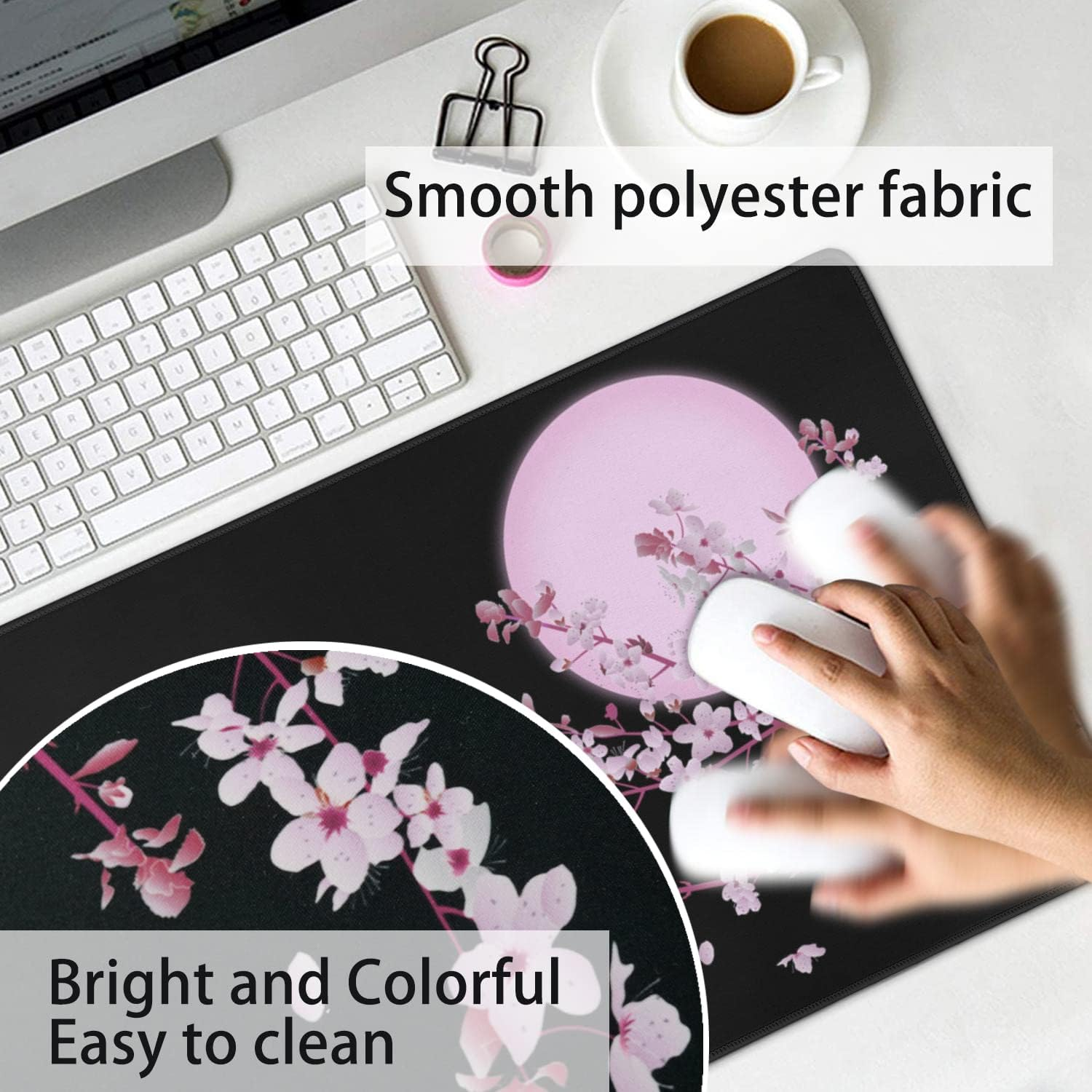 Japanese Cherry Blossom Sakura Mouse Pad Black XL, Extended Large Mouse Pad, Kawaii Pink Black Mousepad, Moon Floral Long Big Desk Mouse Mat, Cherry Blossom Decor Stuff Accessories, 31.5 X 11.8 Inch image number 2