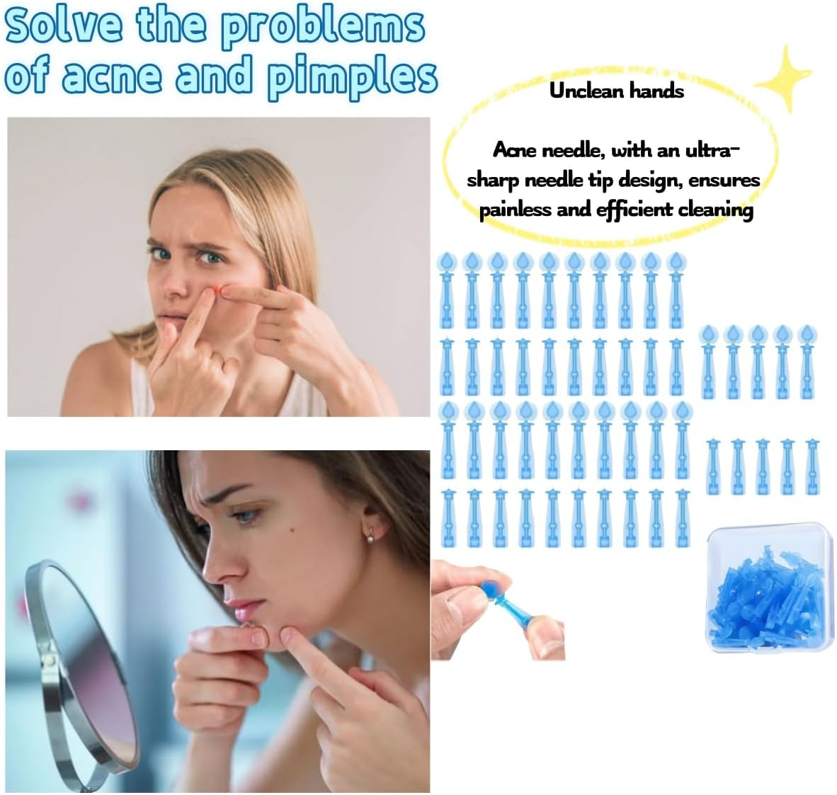 Hpessoterr 50 Pcs Acne Pimple Needles,Sterile Needles for Pimples, Suitable for Acne, Blackhead and Acne Removal, Clean Skin, Pimple Popper Set for Salon and Home Use(Blue）