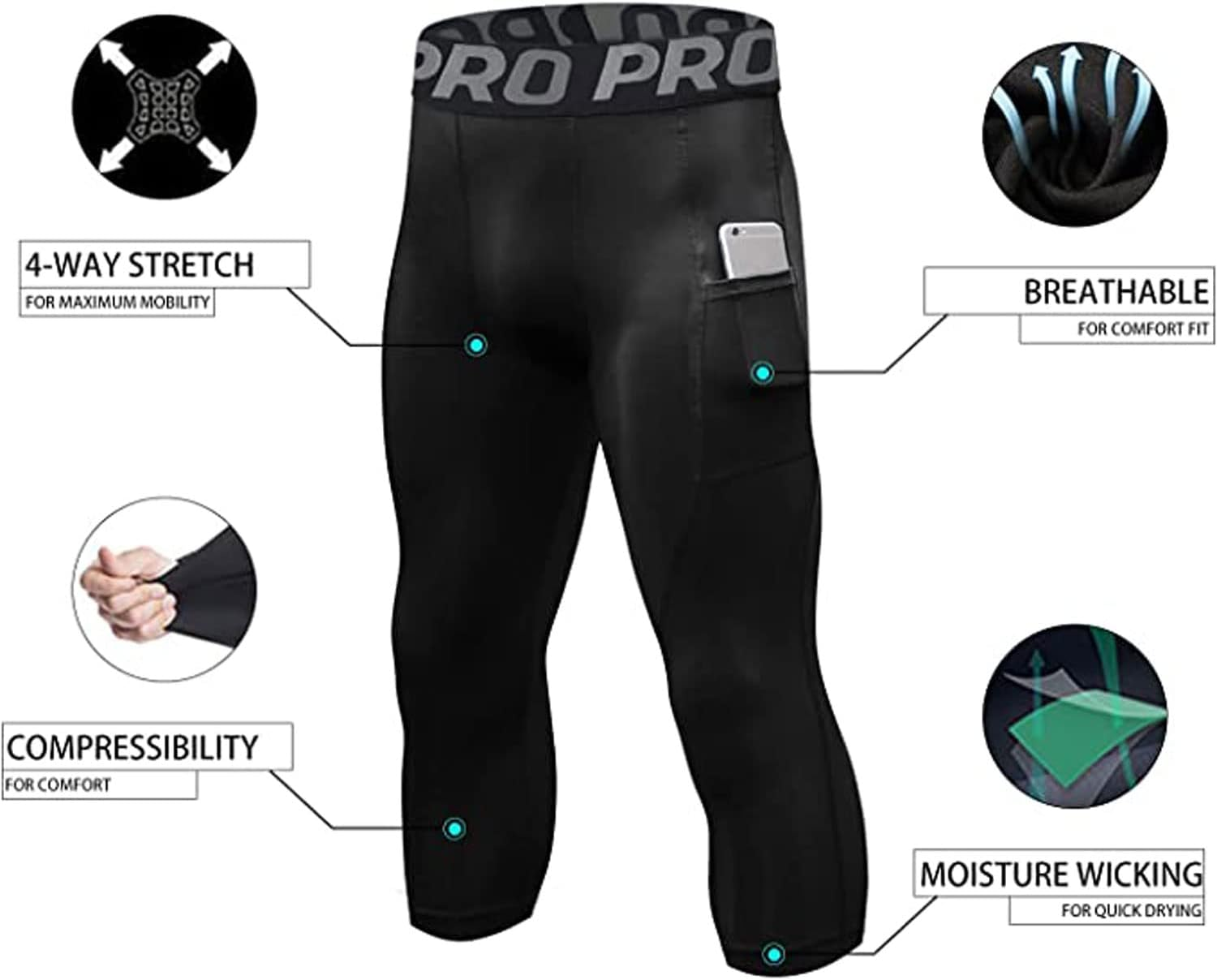 Lanbaosi Compression Pants for Men 3/4 Capri Leggings Dry Fit Workout Running Athletic Gym Tights Bottom 3 Pack with Pockets image number 4