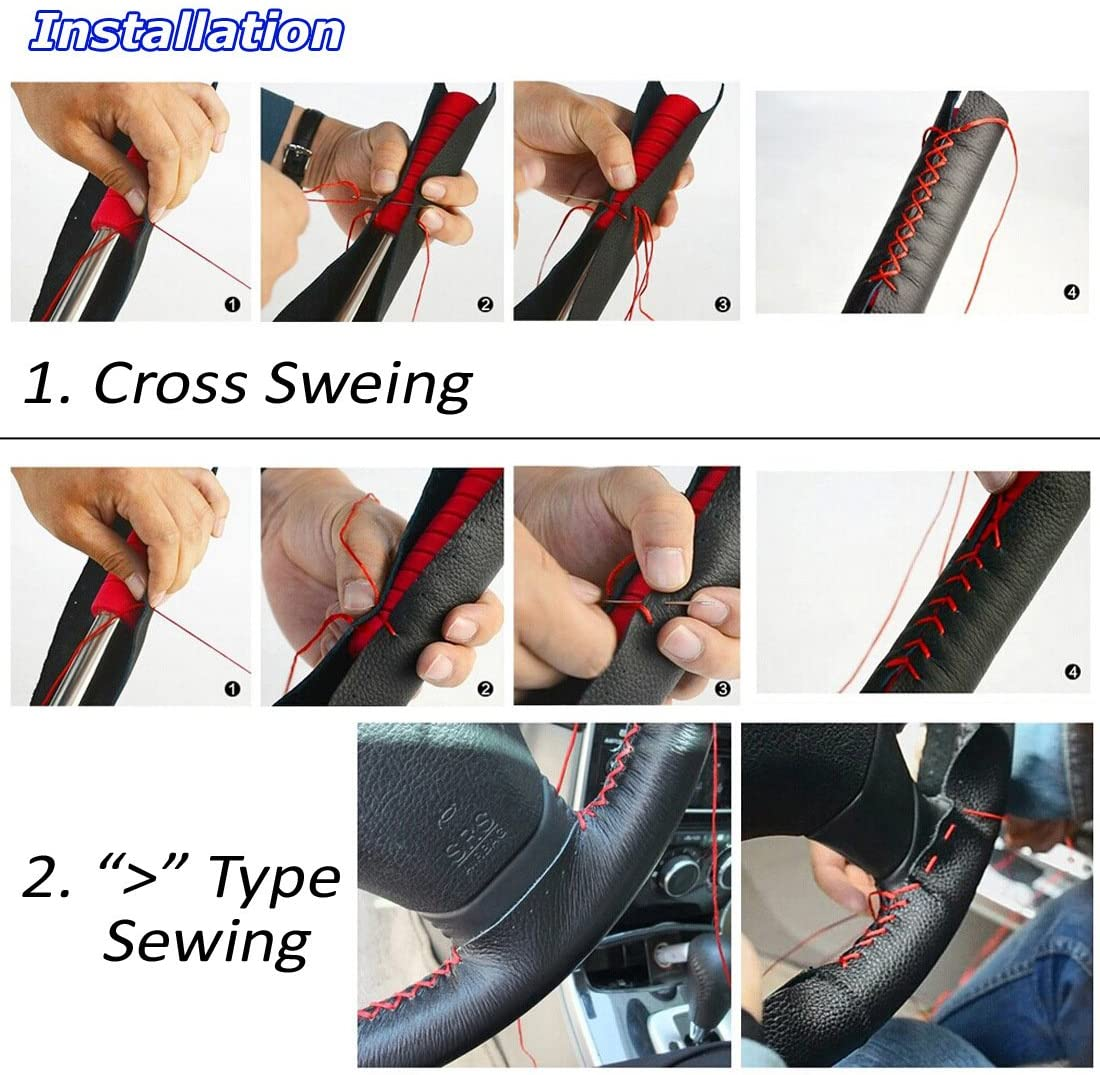 AULLY PARK Universal Car Steering Wheel Cover Genuine Leather Stitch on Wrap (Size M, Black) image number 1