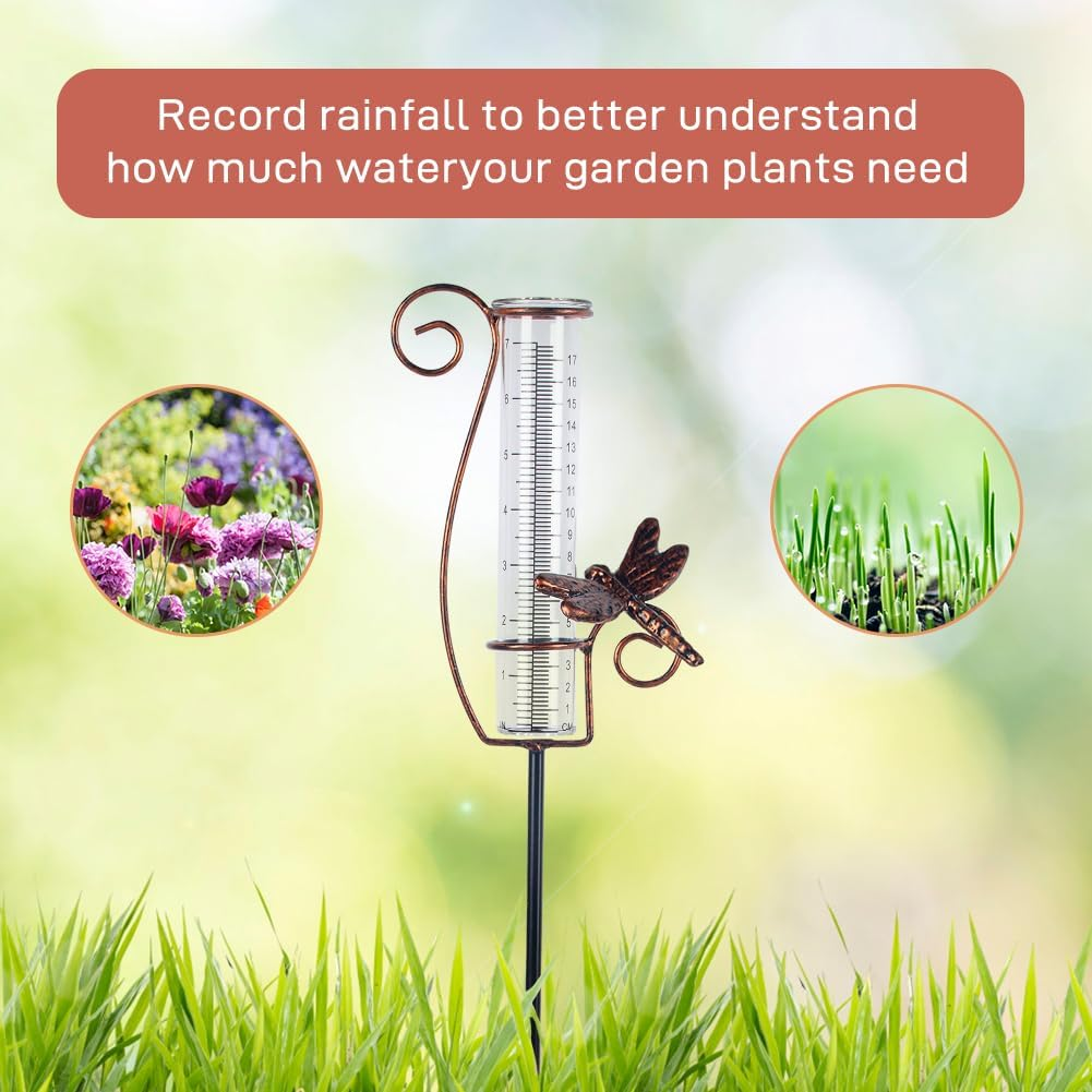 HOBYLUBY Dragonfly Rain Gauge Outdoor, 7 Inch Metal Rain Gauges for Measuring Precipitation, Patio, Garden Yard Decor image number 3