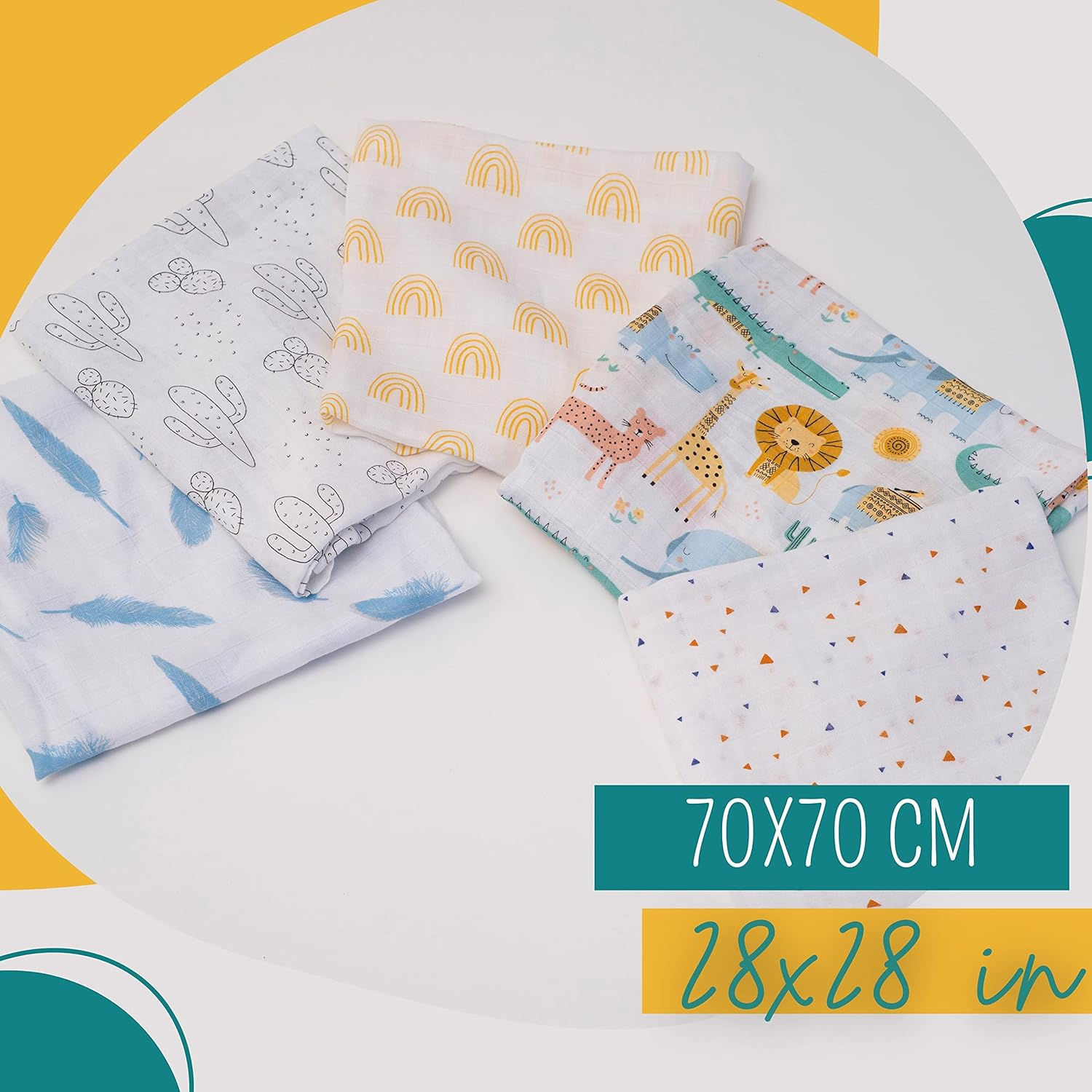 Bisoo Muslin Cloth for Baby - 60% Bamboo Fiber and 40% Cotton Muslin Squares - Soft and Breathable for Newborns - Multipurpose Burp Cloths - 5-Pack Unisex Baby Muslins 27X27 in (Joy) image number 1
