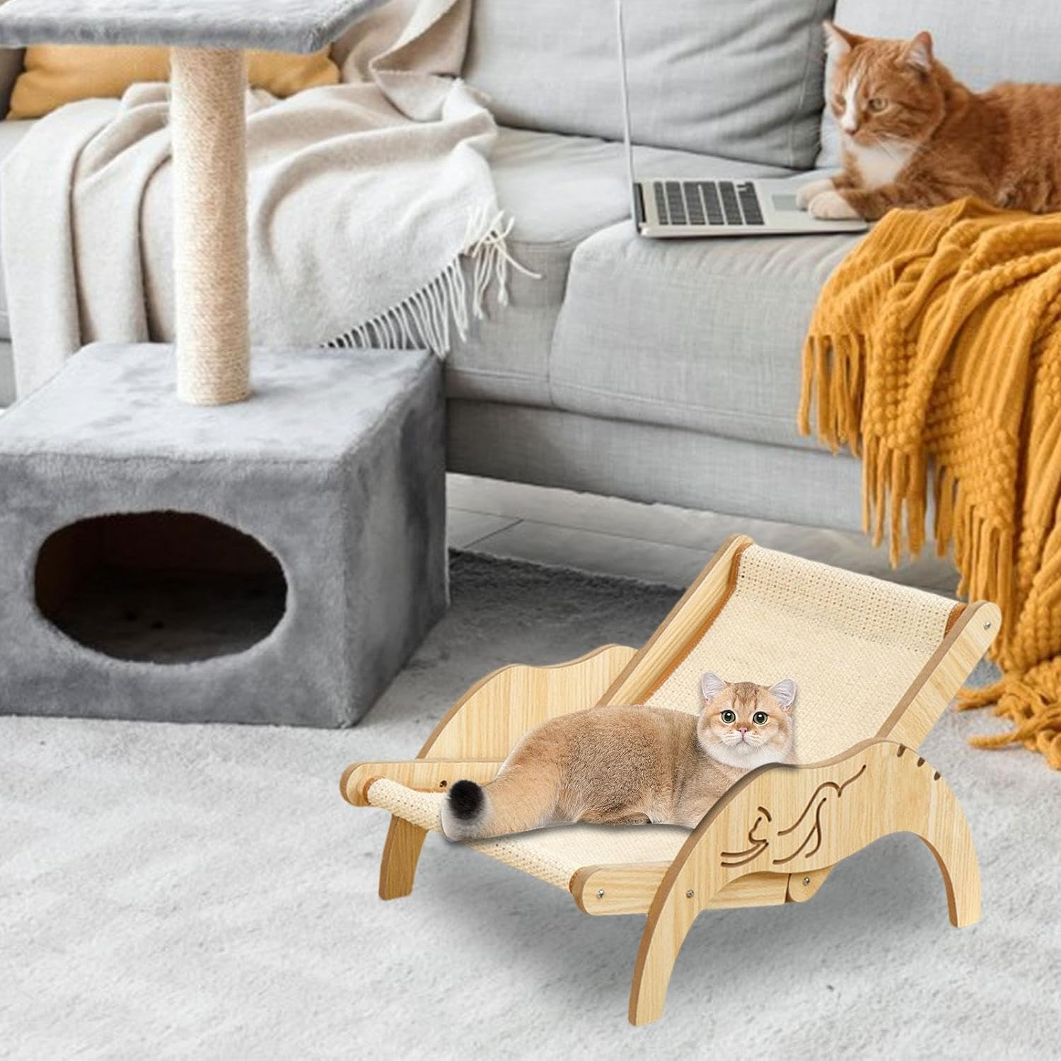 Cat Hammock Bed,Elevated Cat Bed Beach Chair with Sisal Scratcher for Indoor Cats,Adjustable Wooden Cozy Pet Bed for Indoor Cats Dogs Sisal Chair image number 6