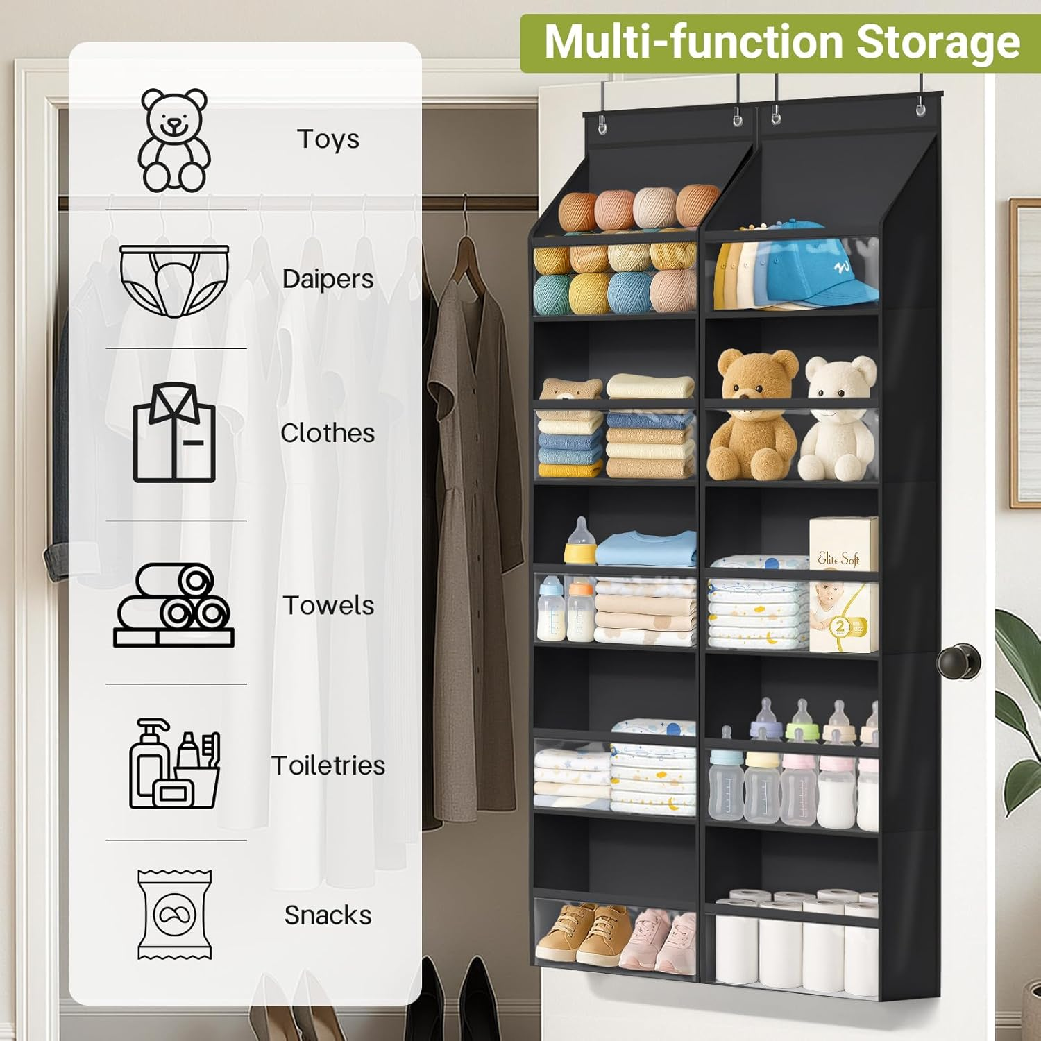 AOODA 2 Pack over the Door Organizer, Large Capacity Closet Door Hanging Organizer, Clear Deep Pockets Baby Storage for Nursery, Bathroom, Bedroom, Pantry, Diapers (Black) image number 5