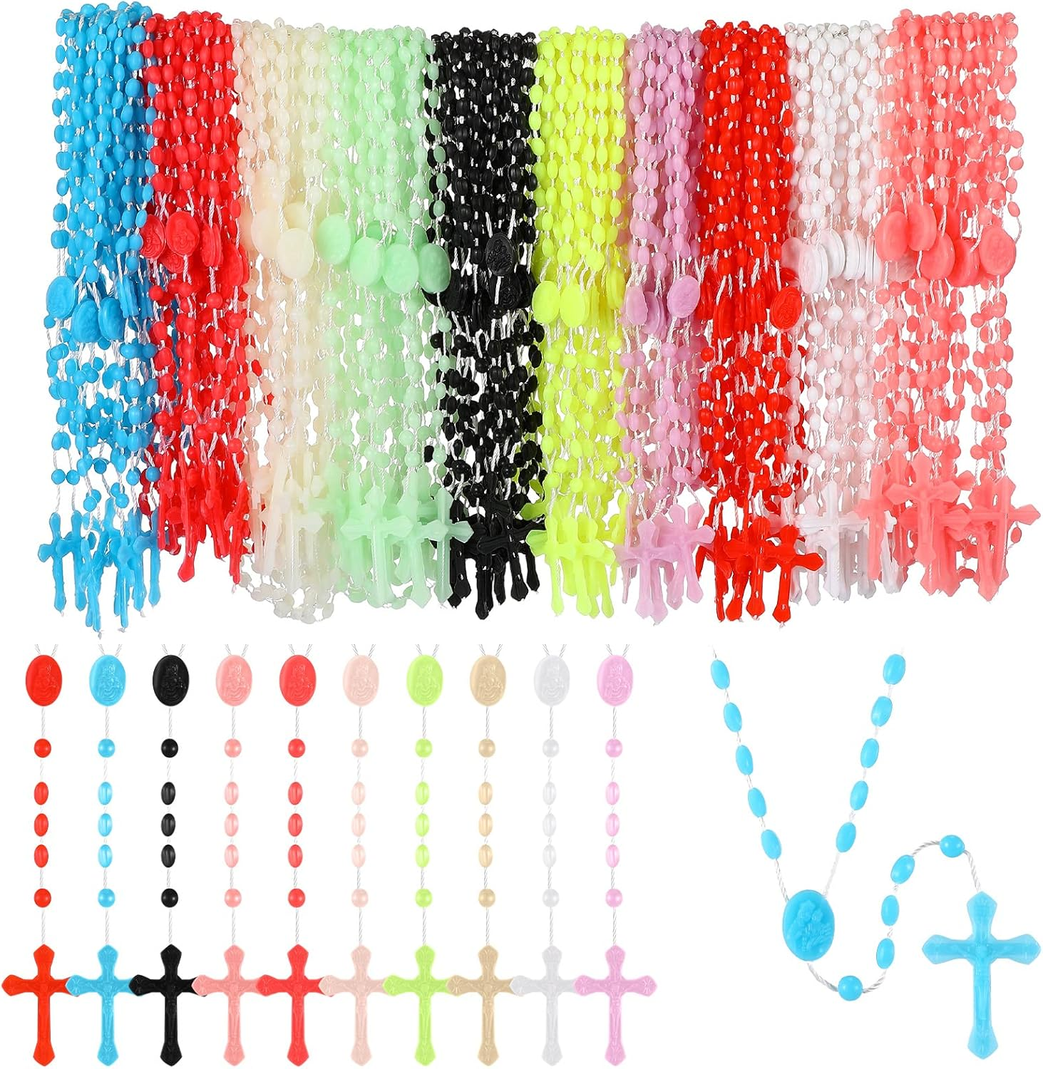 Bulk Rosaries 100 Pack Plastic Rosary Beads Catholic Cross Necklaces Christmas Rosaries for Kids Homeless Christmas Easter Church Classroom Gift Party Favor Food Bank Supply (13 Inch, 10 Colors) image number 5