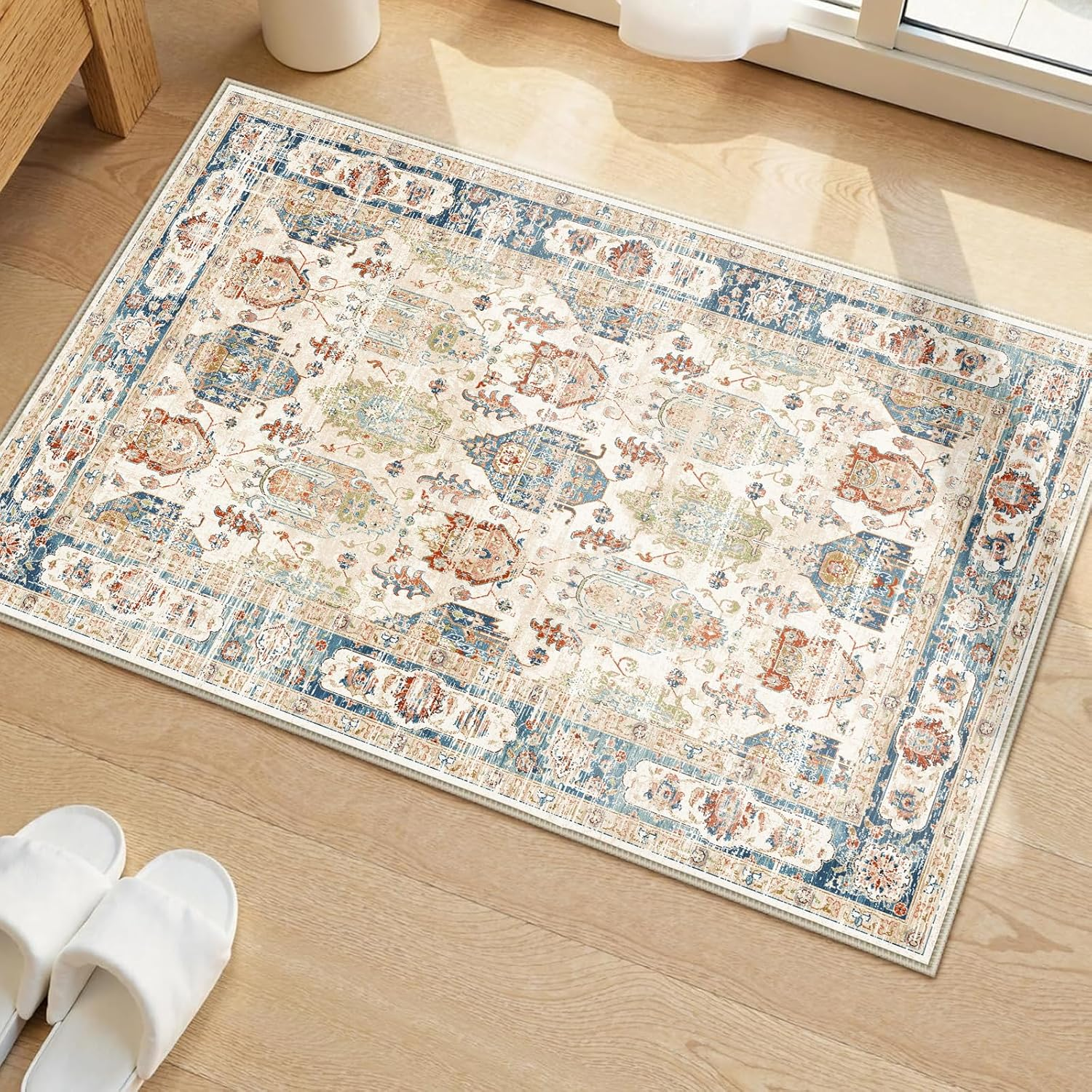 UZU 60X90Cm Non-Slip Machine Washable Entryway Rug, Indoor Door Mat Faux Cashmere Carpet Soft Durable Low Pile Area Rugs with Anti-Slip Backing for Bedroom Kitchen Bathroom Laundry Room - Home Decor