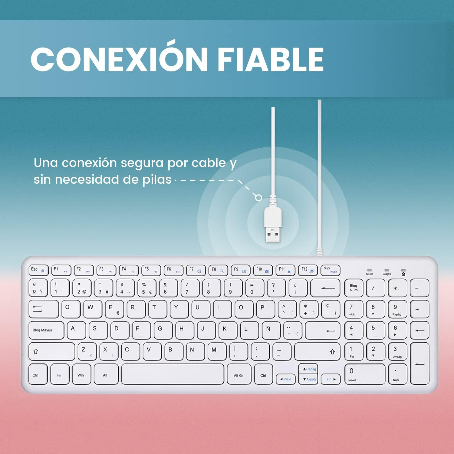 Perixx PERIBOARD-213W USB Wired Keyboard - Compact Design with Number Keypad - White - Spanish QWERTY with &Ntilde; image number 5