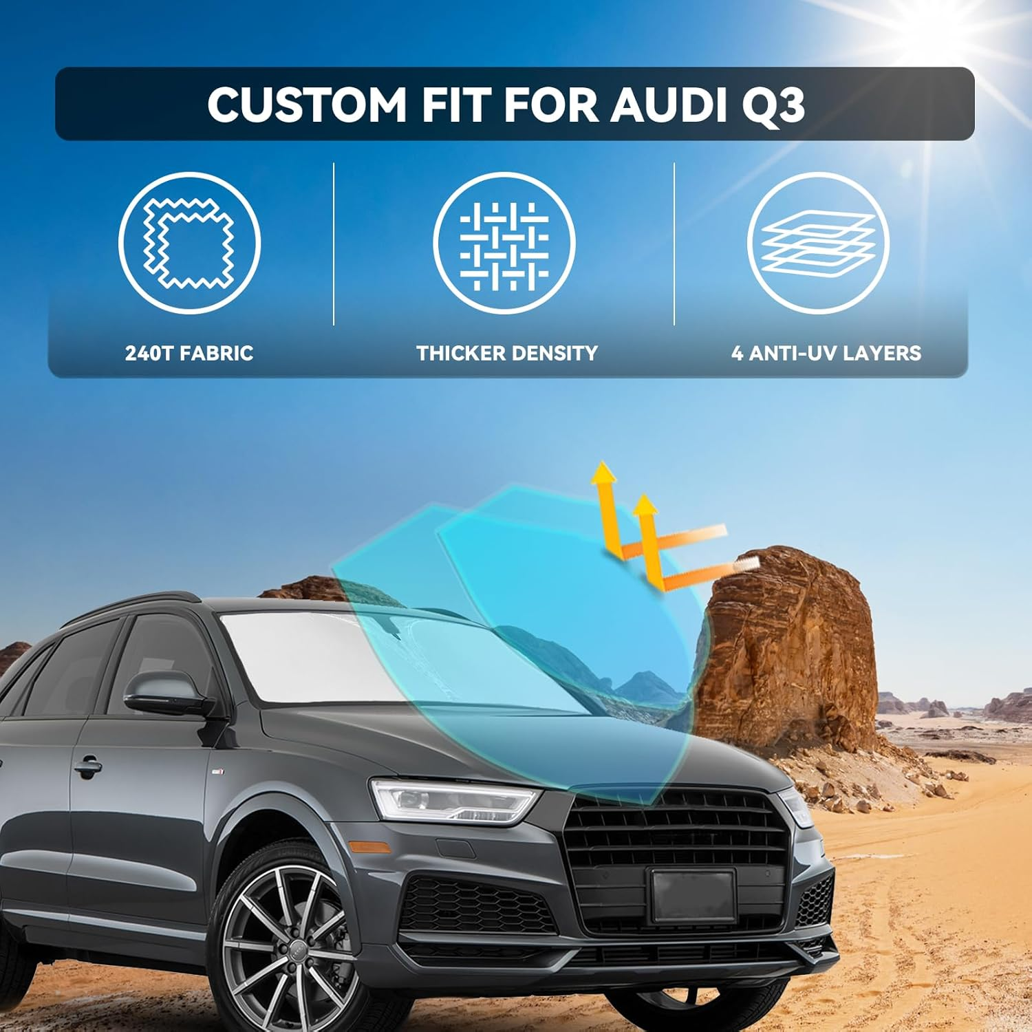 For Audi Q3 2019-2025 2026 Windshield Sun Shade - 4 Layers Car Sunshades for Front Windows Shade Cover Custom Fit Q3 Sun Visor 240T Retractable Shade Blocks UV Rays Car Accessories image number 2