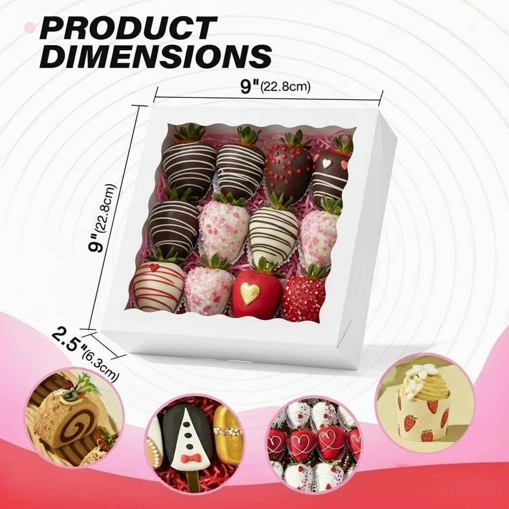 Romanticbaking 28Pcs 9X9X2.5 Inches Bakery Boxes with Window for Pie, Chocolate Covered Strawberries, Breakable Heart, Cookies, Cakesickle image number 1