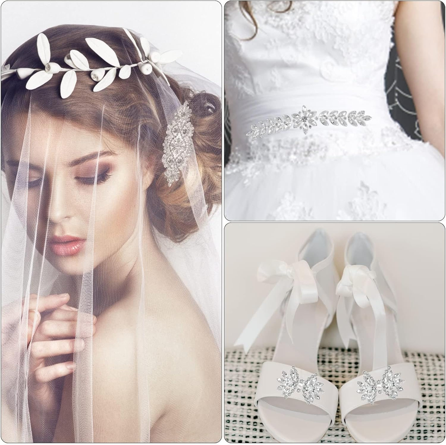 8 Pieces Crystal Rhinestone Appliques Silver Rhinestone Iron on Patch Hot Fix Applique for Bridal Wedding Dress Clothes Sash Crystal Belt DIY Sewing Appliques for Shoes image number 6