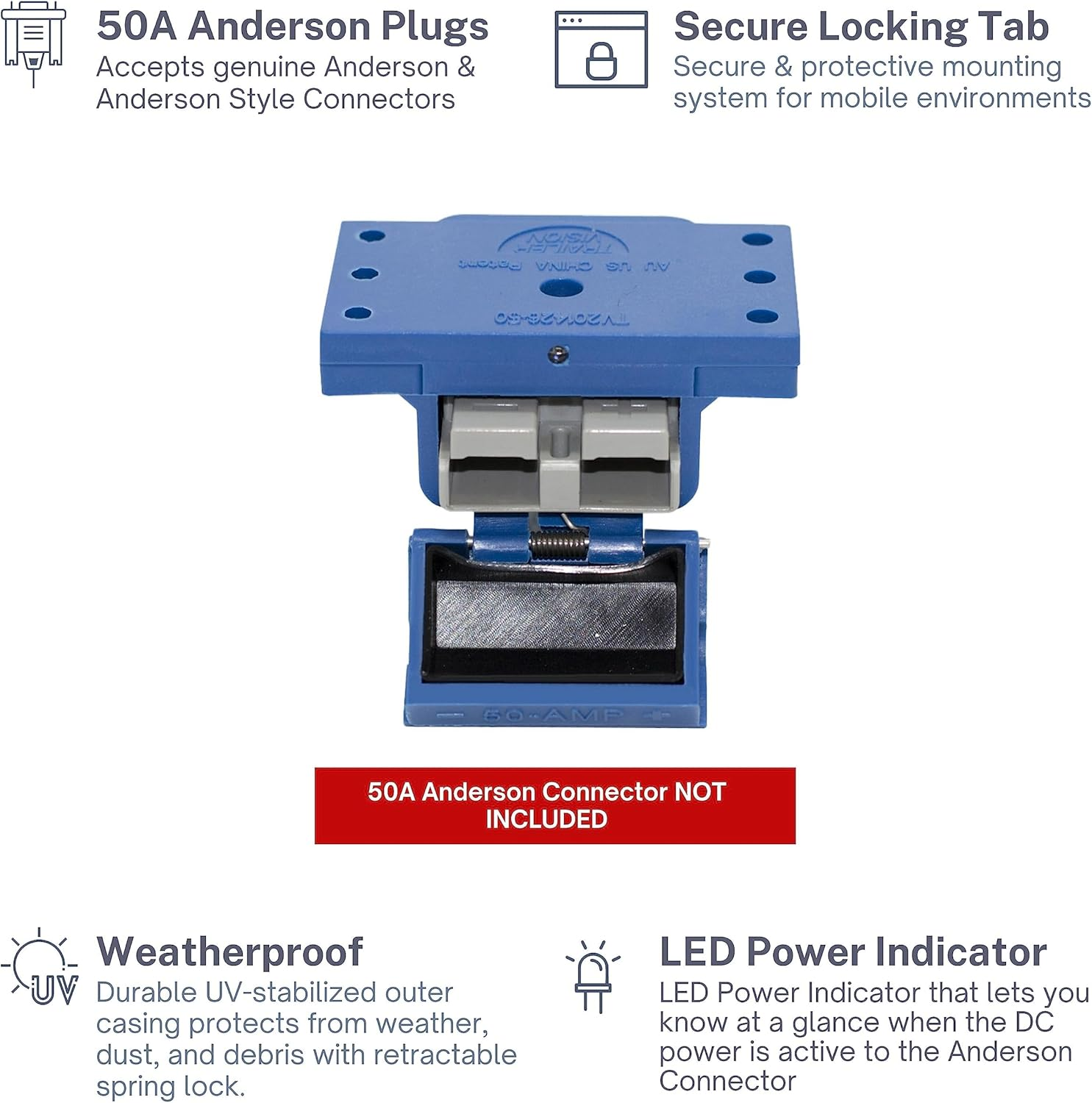 Trailer Vision 50A Anderson Connector Cover - 50Amp Anderson Plug Mounting Kit Assembly with LED Power Indicator - UV Insulated Protection for RV, Trucks, Solar, Marine, Mobile, Industrial (50A Blue) image number 4