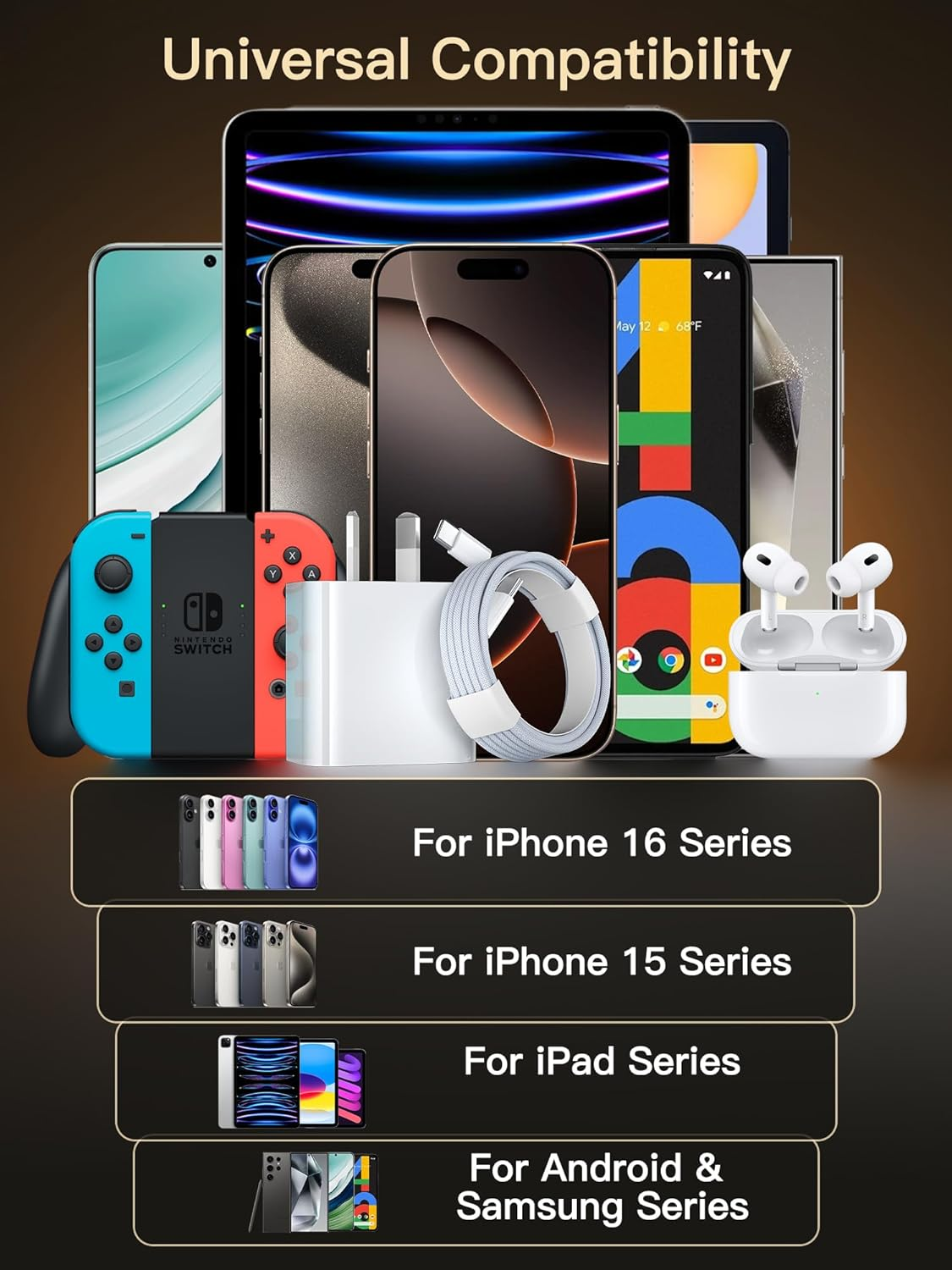 For Iphone 17/16E Charger Block with Cable - 20W   Fast Charger USB C Wall Charger Block with Braided Type C Cord for I Phone Air/17 Pro Max/16/15/Ipad Pro/Samsung S25/S24 Ultra