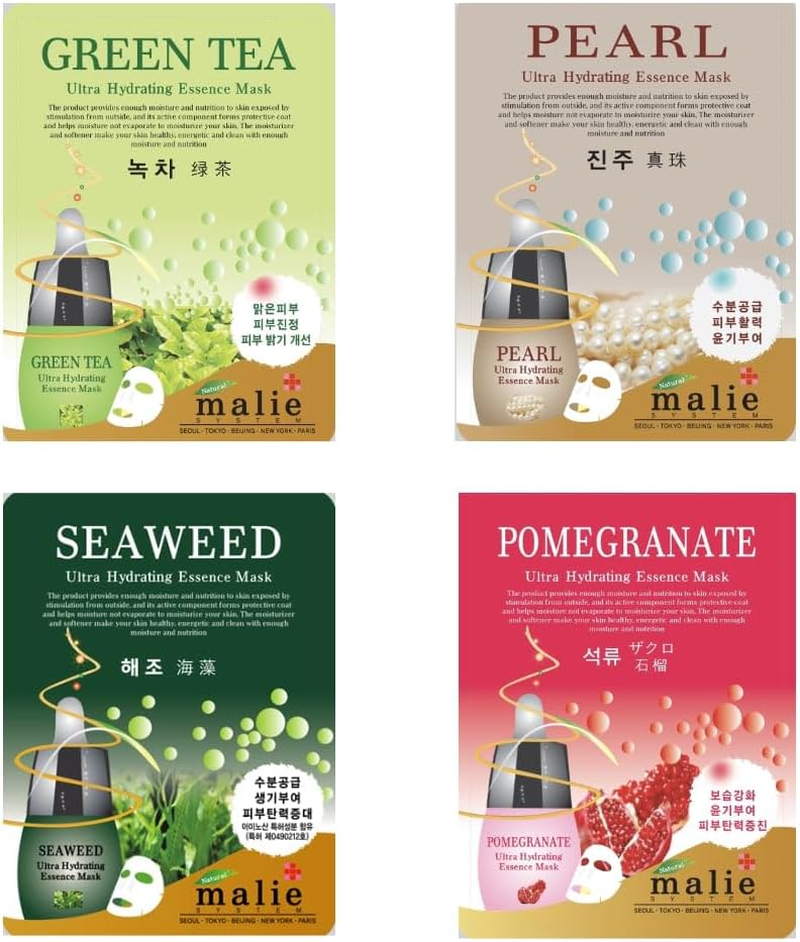 [PACK of 12] Malie Ultra Hydrating Essence Mask Korean Face Glow Skincare Facial Sheet Mask Aloe Collagen Coenzyme Q10 Cucumber Green Tea Pearl Pomegranate Red Ginseng Royal Jelly Seaweed Snail Vitamin image number 1