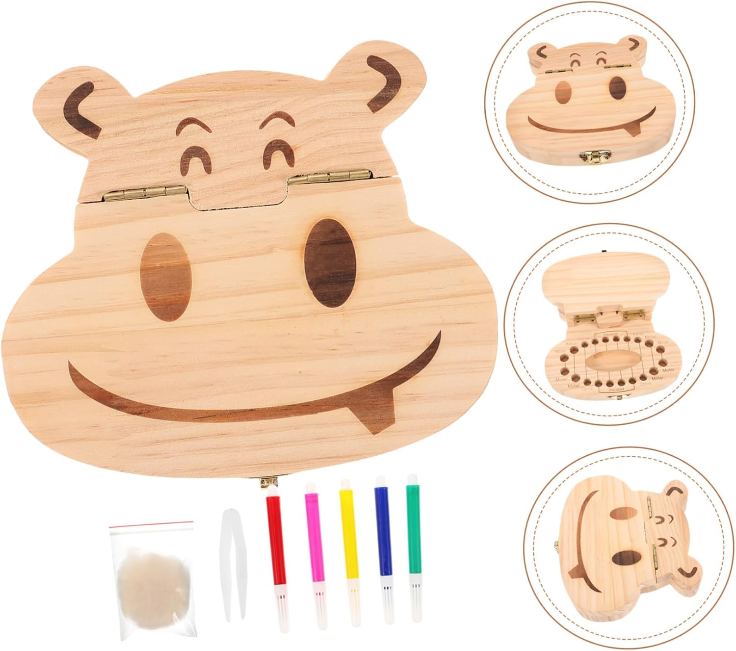 Boys and Girls Tooth Storage Box and Baby Tooth Case Wooden Cartoon Hippo Design Keepsake Organizer for Newborn Souvenir and Fetal Hair Keepsake image number 5
