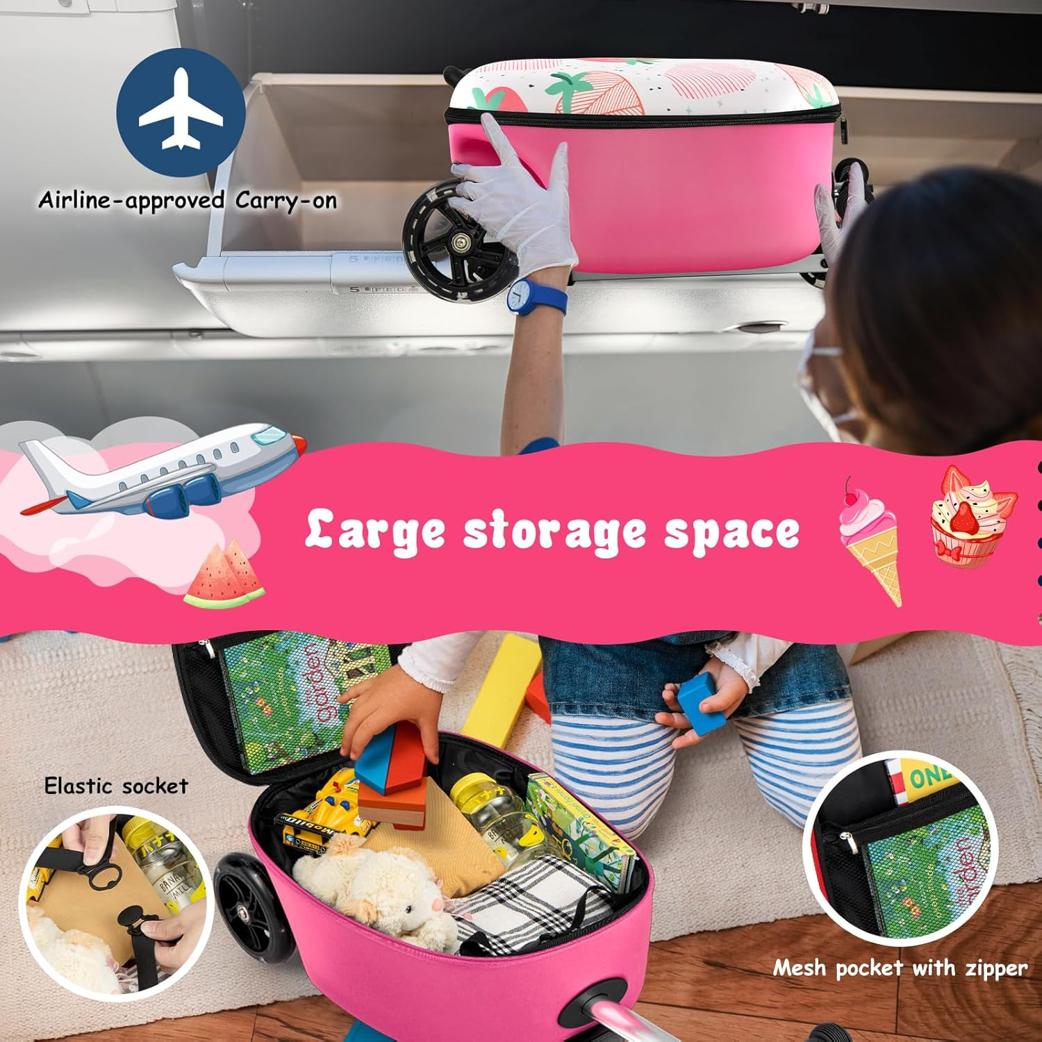 Costway 2-In-1 Ride on Scooter Suitcase, 19" Kids Travel Luggage with Waterproof EVA Shell & LED Flashing Wheels, Folding Scooter with Retractable Steering Handle for Boys & Girls