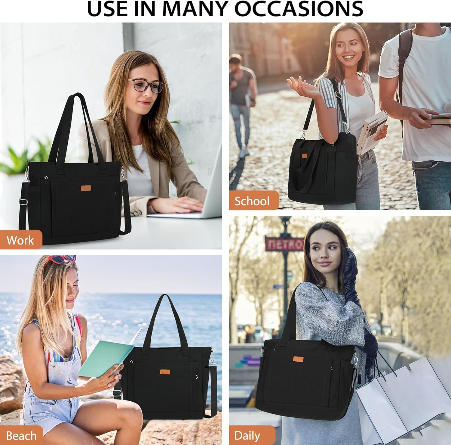 Canvas Tote Bags for Women with Zipper and Compartments Large Shoulder Bag Waterproof Crossbody Bag for School Work Beach - Blackbrown image number 7